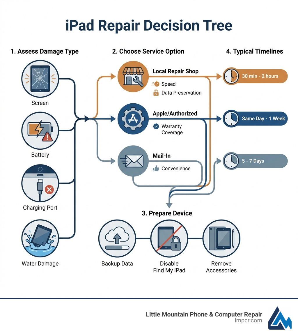 Infographic showing iPad repair decision tree: assess damage type (screen, battery, charging port, water damage), choose service option (local repair shop for speed and data preservation, Apple/authorized for warranty coverage, mail-in for convenience), prepare device (backup data, disable Find My iPad, remove accessories), and typical timelines (local: 30 min-2 hours, Apple: same day-1 week, mail-in: 5-7 days) - iPad repair service infographic 