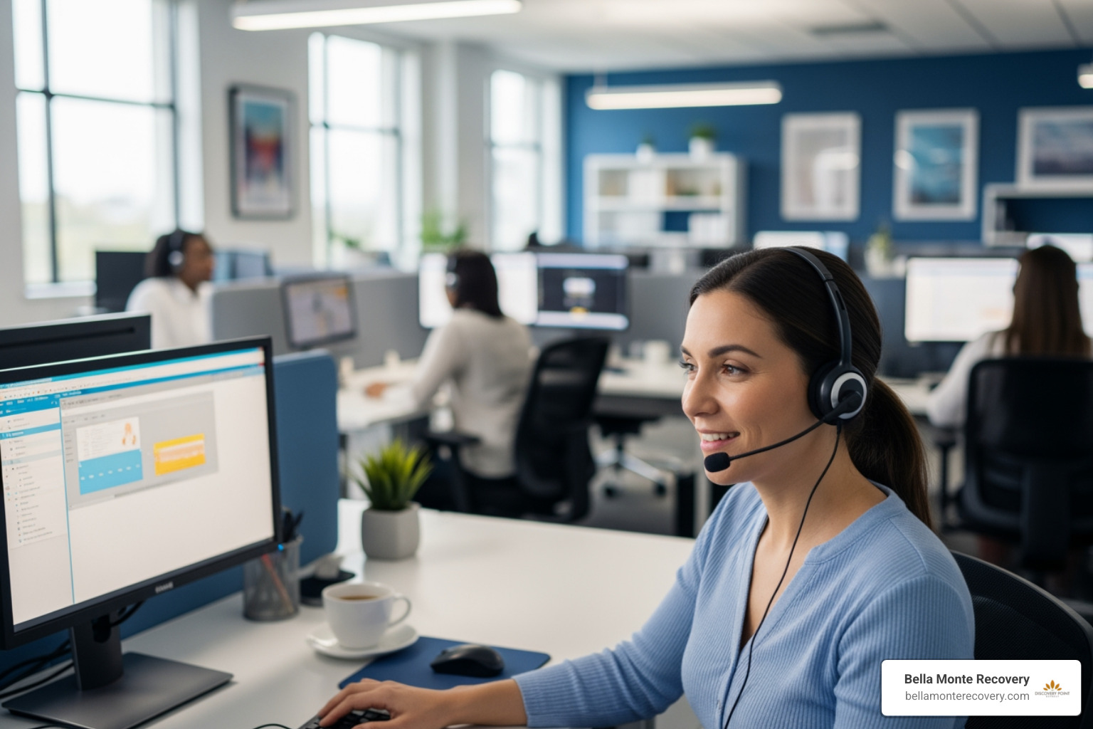 A supportive counselor listening on a headset - California mental health