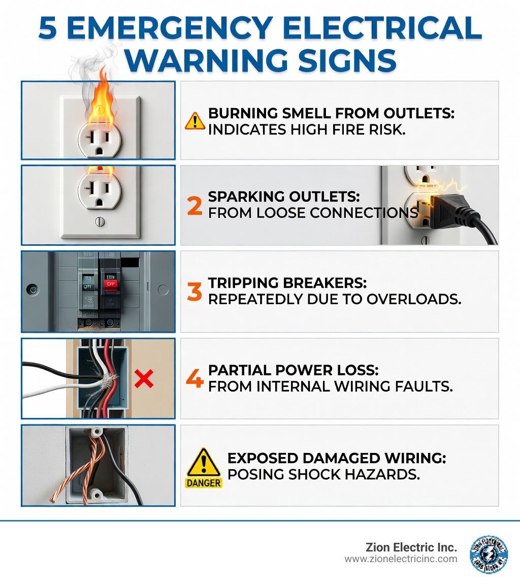 Infographic showing 5 emergency electrical warning signs: burning smells from outlets indicating fire risk, sparking outlets from loose connections, circuit breakers tripping repeatedly due to overloads, partial power loss from internal wiring faults, and exposed damaged wiring posing shock hazards - emergency electrician infographic 