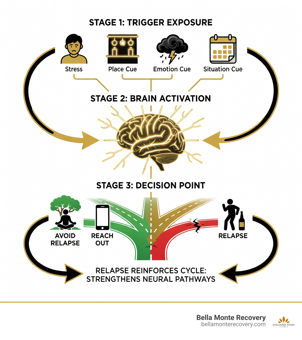 infographic showing the trigger-craving-relapse cycle with three connected stages: 1) Trigger exposure (person, place, emotion, or situation), 2) Brain activation (dopamine pathways light up creating intense craving), 3) Decision point (use coping skills and avoid relapse OR give in and relapse), with arrows showing how relapse reinforces the cycle - Drug addiction triggers infographic 