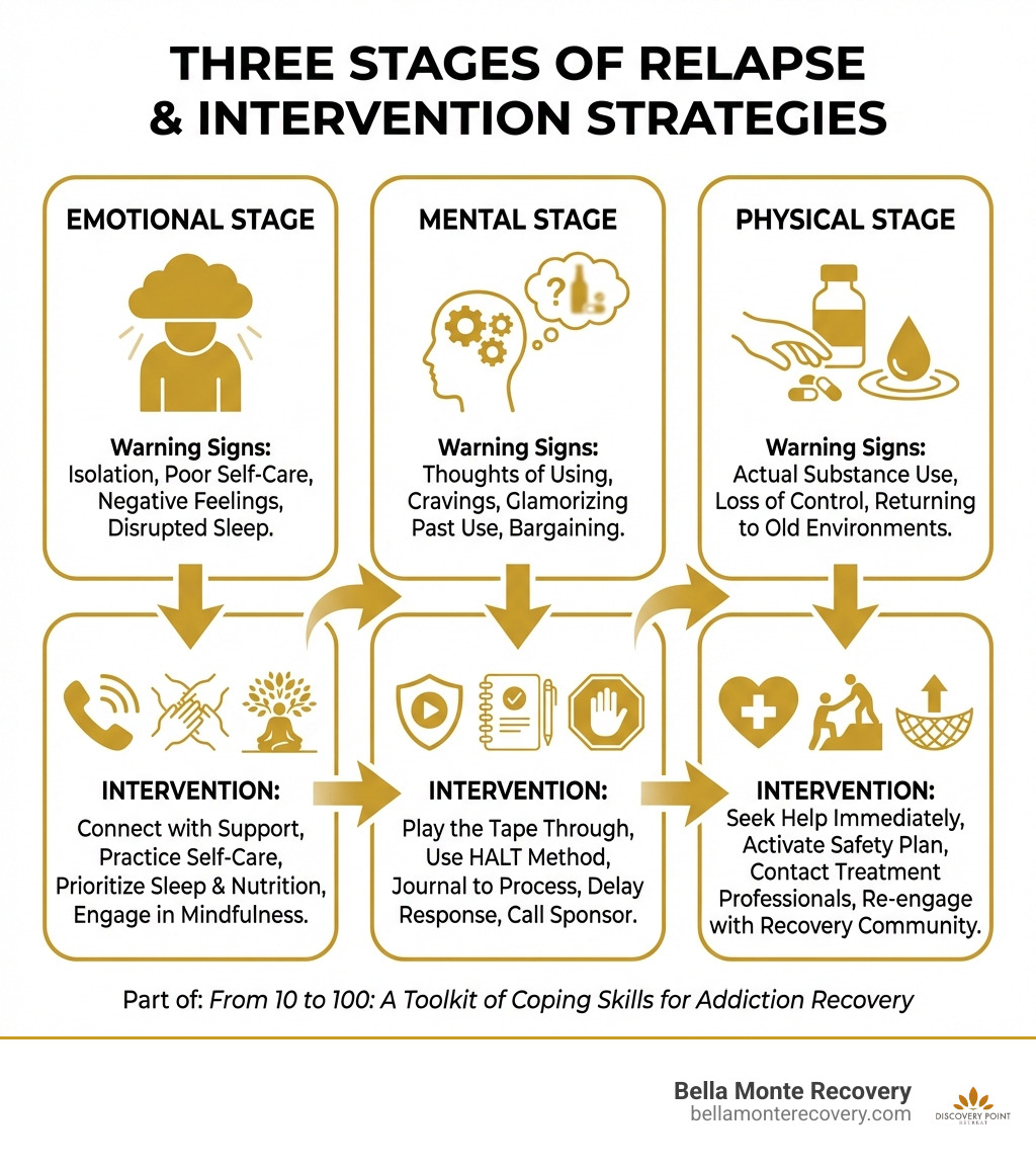 infographic showing the three stages of relapse: emotional stage with warning signs like isolation and poor self-care, mental stage with thoughts about using, and physical stage with actual substance use, plus intervention strategies for each stage - 10 coping skills for addiction recovery infographic 