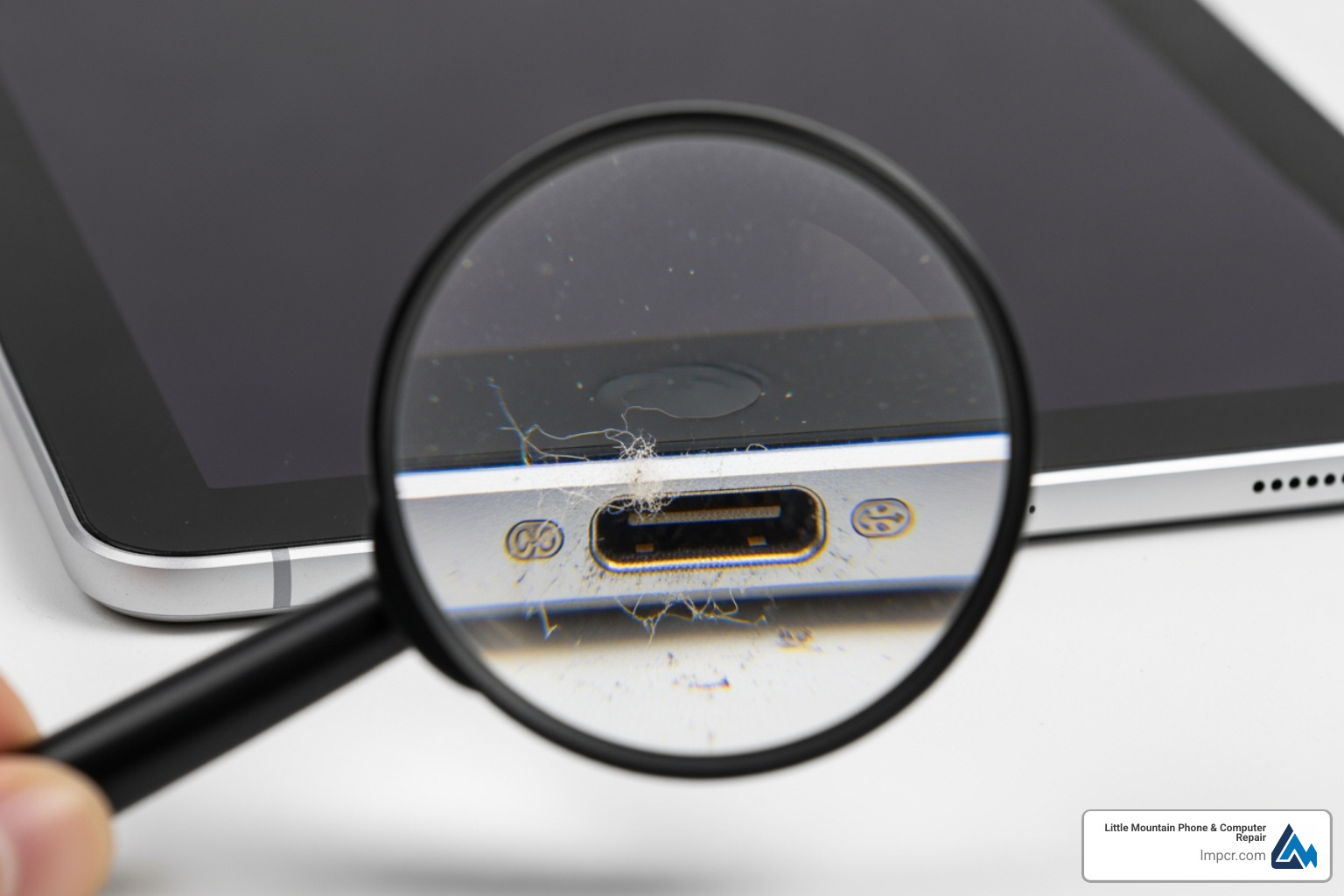 magnifying glass looking at a dirty tablet charging port - Tablet not turning on