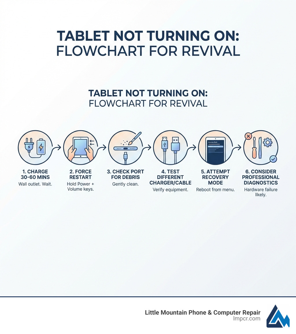Infographic showing a flowchart for tablet not turning on: Start with charging 30-60 minutes, then try force restart with button combinations, check charging port for debris, test with different charger and cable, attempt recovery mode reboot, and finally consider professional hardware diagnostics if all steps fail - Tablet not turning on infographic 