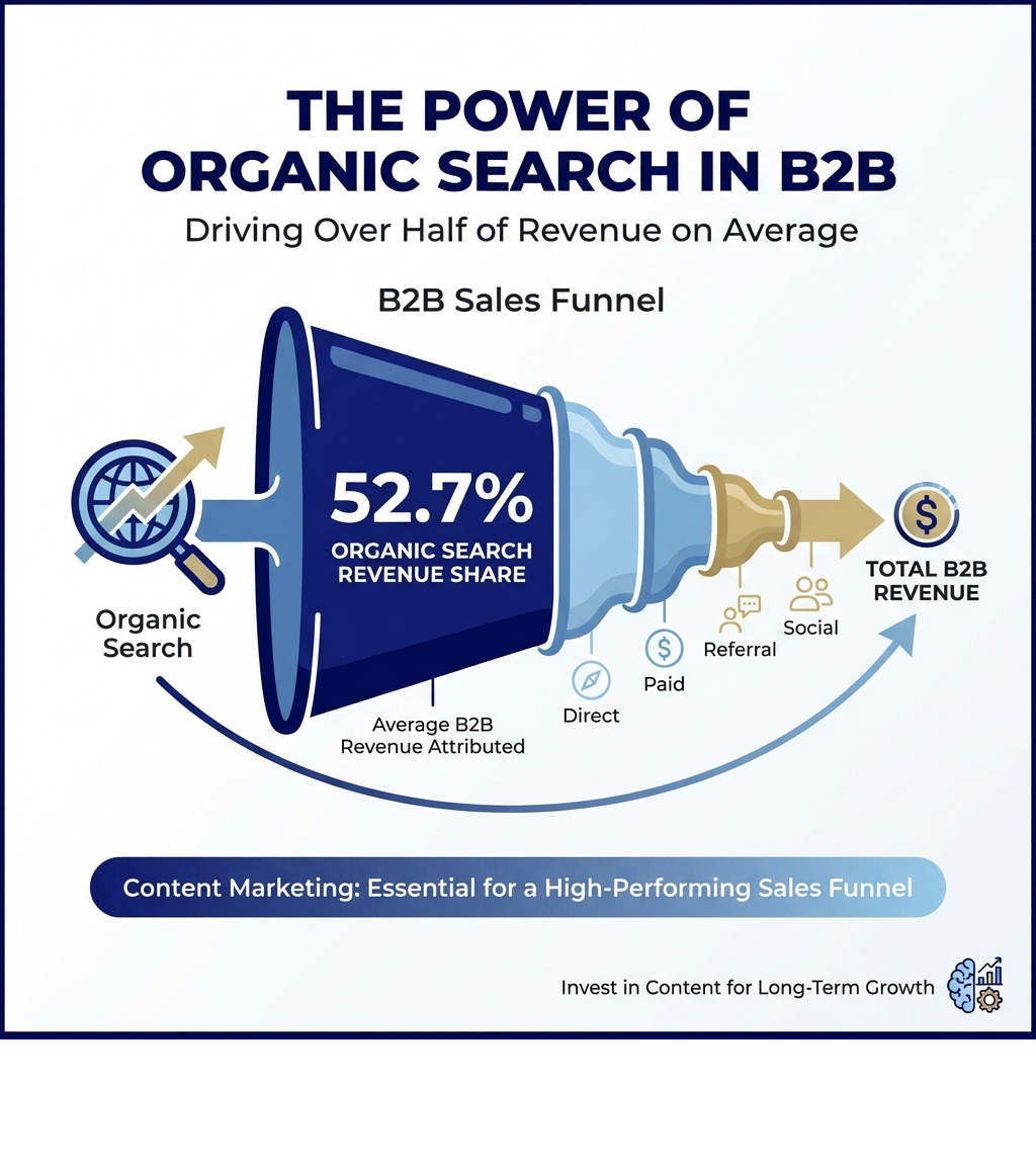 Stat showing that organic search accounts for 52.7% of B2B revenue on average, highlighting the importance of content marketing in the sales funnel - content marketing roi calculator infographic 