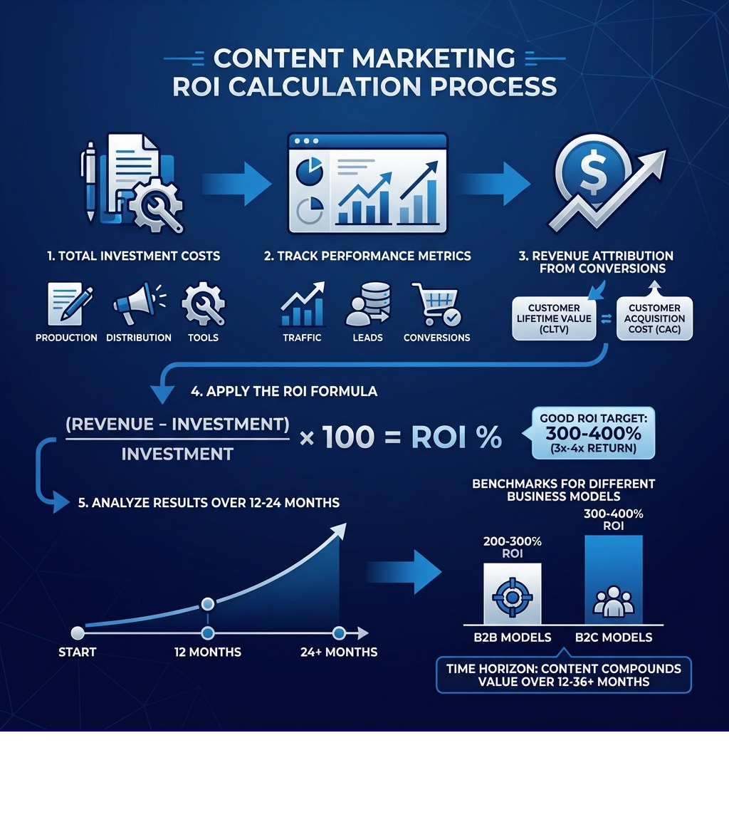 Infographic showing the content marketing ROI calculation process: starting with total investment costs (production, distribution, tools), tracking performance metrics (traffic, leads, conversions), measuring revenue generated, applying the ROI formula, and analyzing results over 12-24 month time horizons with benchmarks for different business models - content marketing roi calculator infographic 