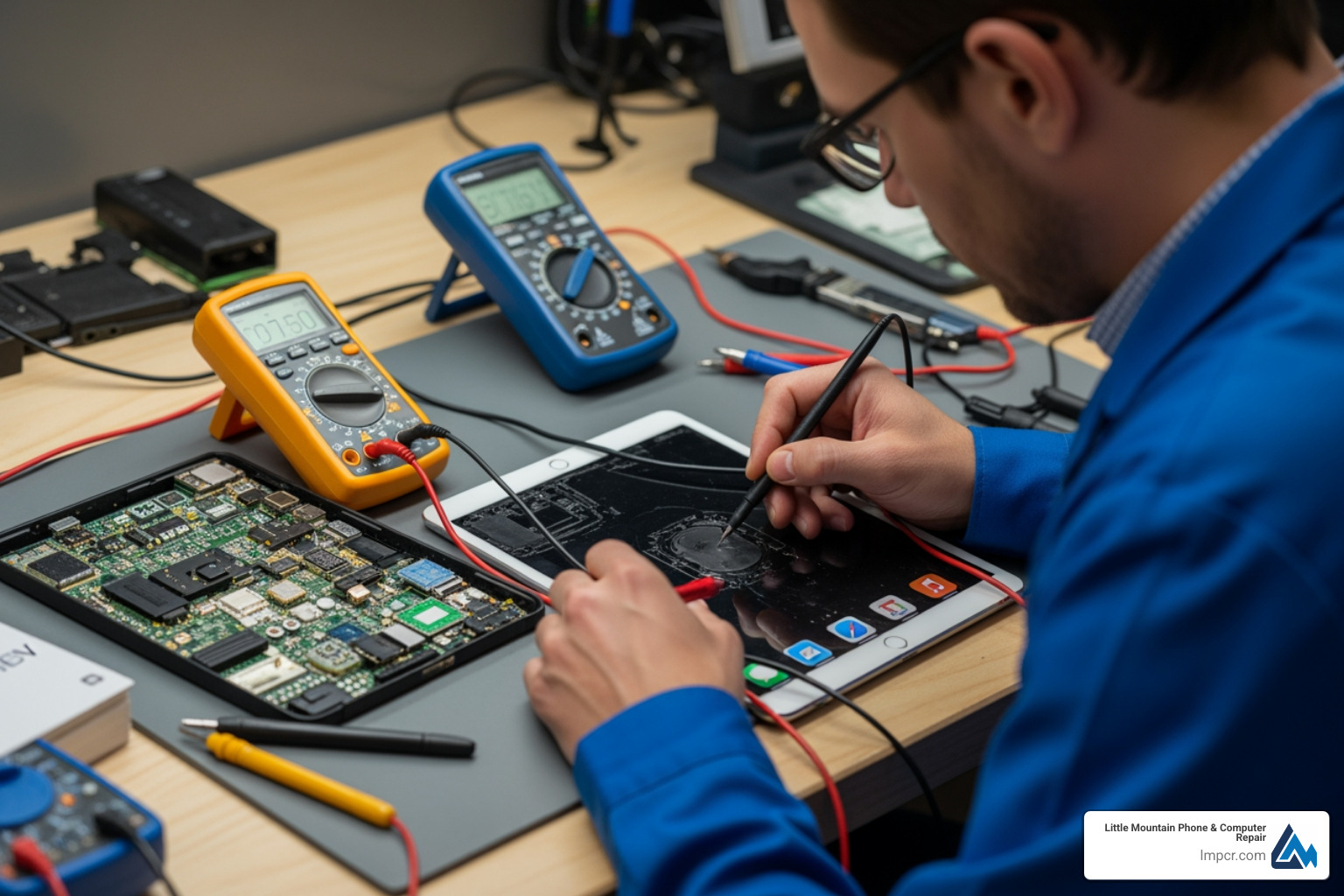 Technician diagnosing an iPad with a multimeter and specialized tools - iPad repair service