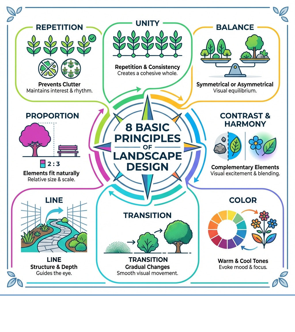 Infographic showing the 8 basic principles of landscape design: Unity through repetition and consistency, Balance with symmetrical or asymmetrical design, Contrast and Harmony using complementary elements, Color using warm and cool tones strategically, Transition with gradual changes in plant size and texture, Line as the foundation for structure and depth, Proportion ensuring elements fit together naturally, and Repetition to prevent clutter while maintaining interest - beautiful outdoor areas infographic Infographic showing the 8 basic principles of landscape design: Unity through repetition and consistency, Balance with symmetrical or asymmetrical design, Contrast and Harmony using complementary elements, Color using warm and cool tones strategically, Transition with gradual changes in plant size and texture, Line as the foundation for structure and depth, Proportion ensuring elements fit together naturally, and Repetition to prevent clutter while maintaining interest - beautiful outdoor areas infographic