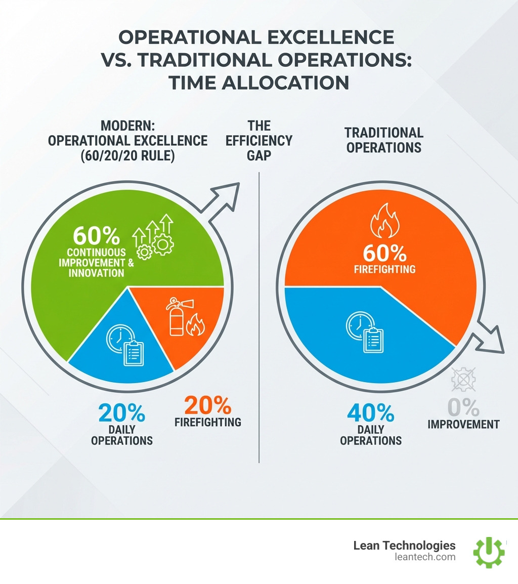 infographic showing the 60/20/20 rule: 60% continuous improvement and innovation, 20% daily operations, 20% firefighting, compared to traditional operations at 60% firefighting, 40% daily operations, 0% improvement - operational excellence manufacturing infographic 