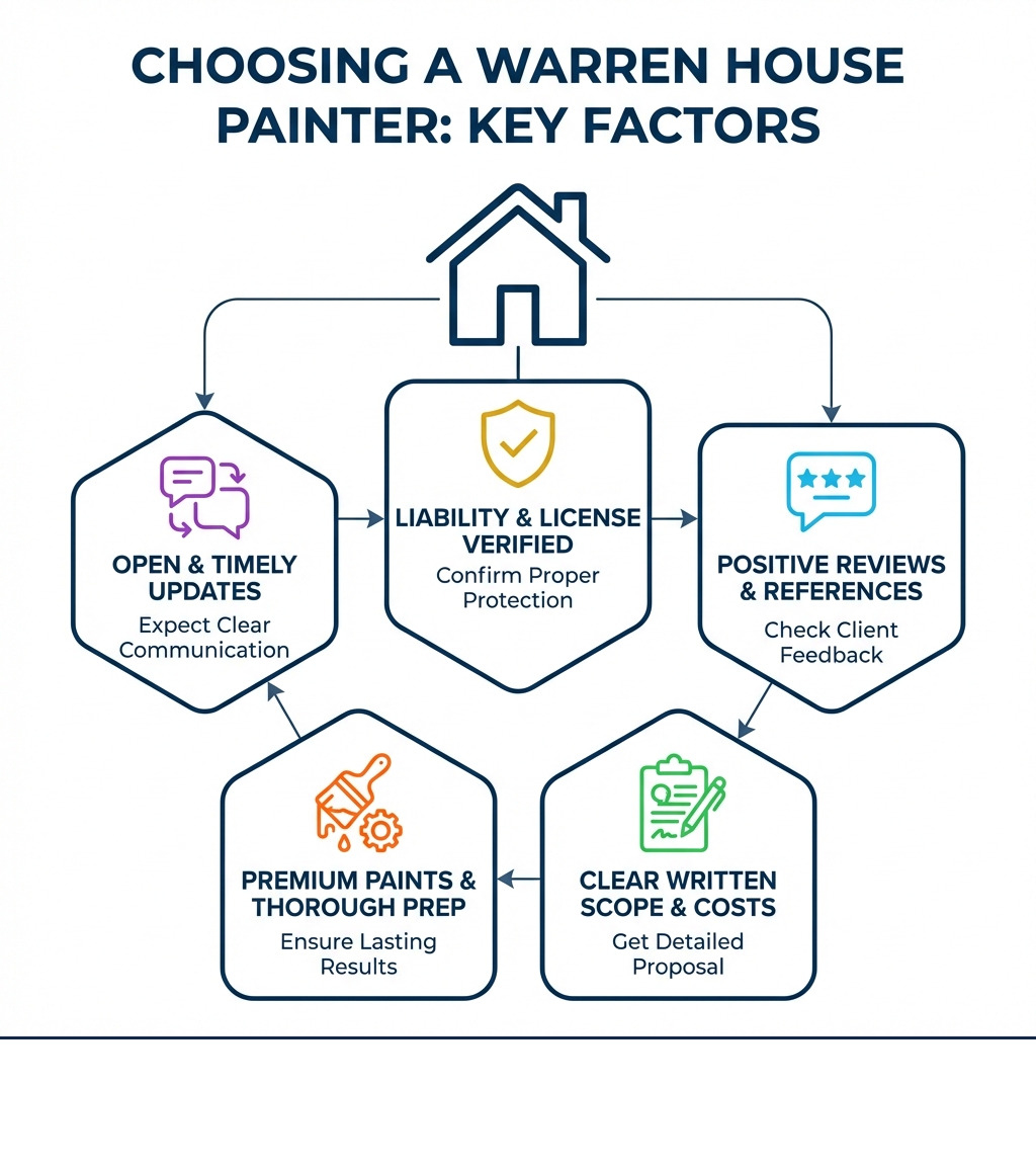 Infographic detailing key factors for choosing a Warren house painter, including checking licenses and insurance, reading reviews, getting a detailed proposal, confirming quality materials and prep, and ensuring clear communication - Warren house painter infographic 