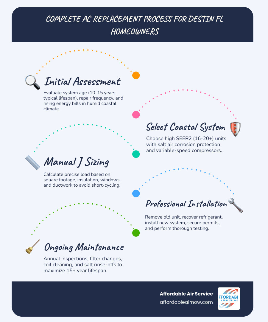 infographic showing the complete AC replacement process from initial assessment through final testing and warranty registration, including key decision points for Destin homeowners regarding SEER ratings, system types, and coastal protection features - ac replacement in destin fl infographic infographic-line-5-steps-blues-accent_colors infographic showing the complete AC replacement process from initial assessment through final testing and warranty registration, including key decision points for Destin homeowners regarding SEER ratings, system types, and coastal protection features - ac replacement in destin fl infographic infographic-line-5-steps-blues-accent_colors