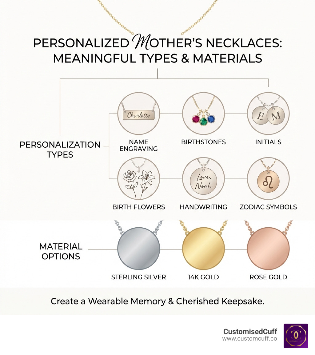 infographic showing types of personalization for mother necklaces including name engraving, birthstones, initials, birth flowers, handwriting, and zodiac symbols with material options of sterling silver, 14K gold, and rose gold - engraved necklace for mother infographic 