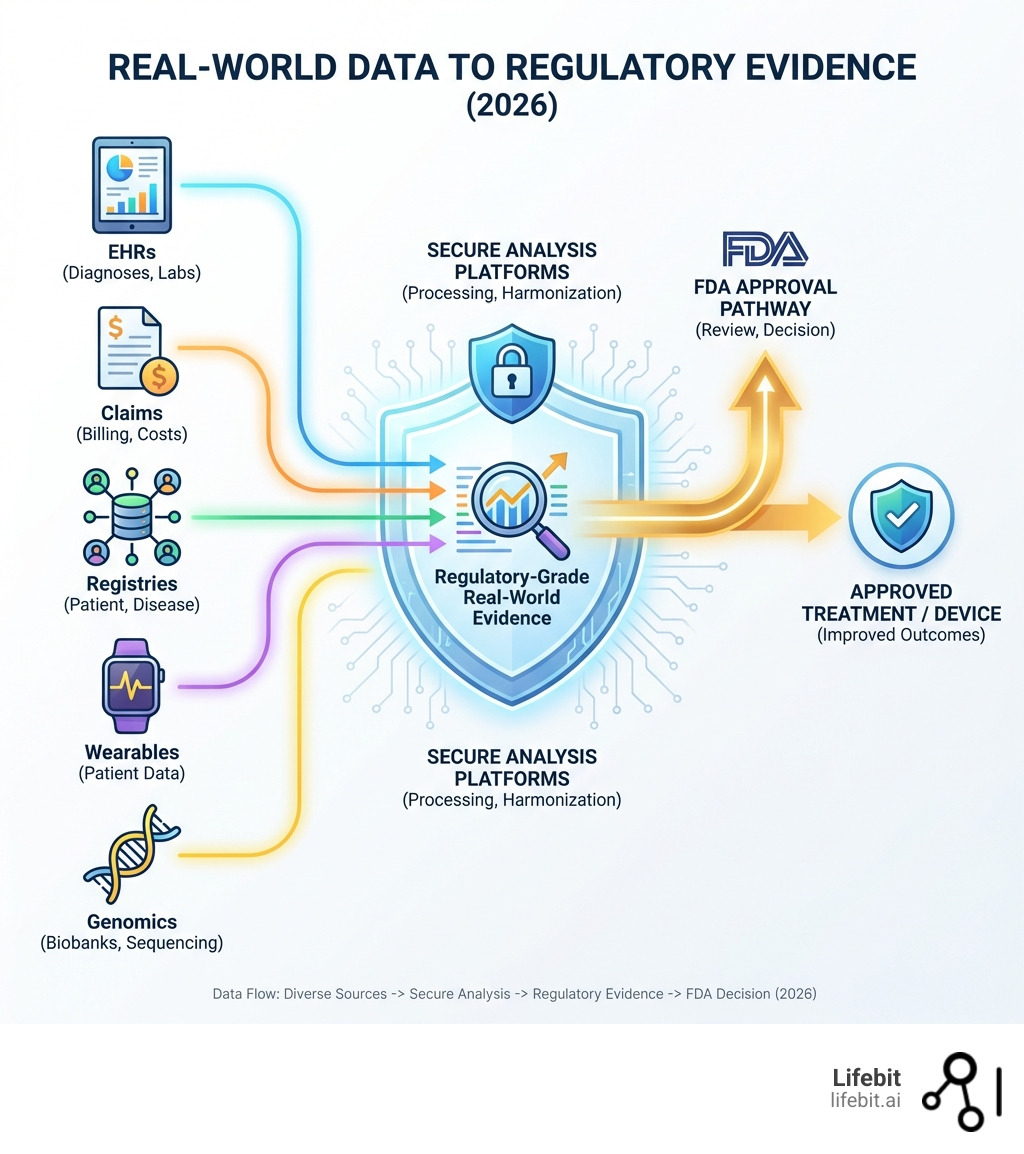 Infographic showing the flow from diverse real-world data sources (EHRs, claims, registries, wearables, genomics) through secure analysis platforms to regulatory-grade real-world evidence, with FDA approval pathway highlighted - real-world data examples infographic 