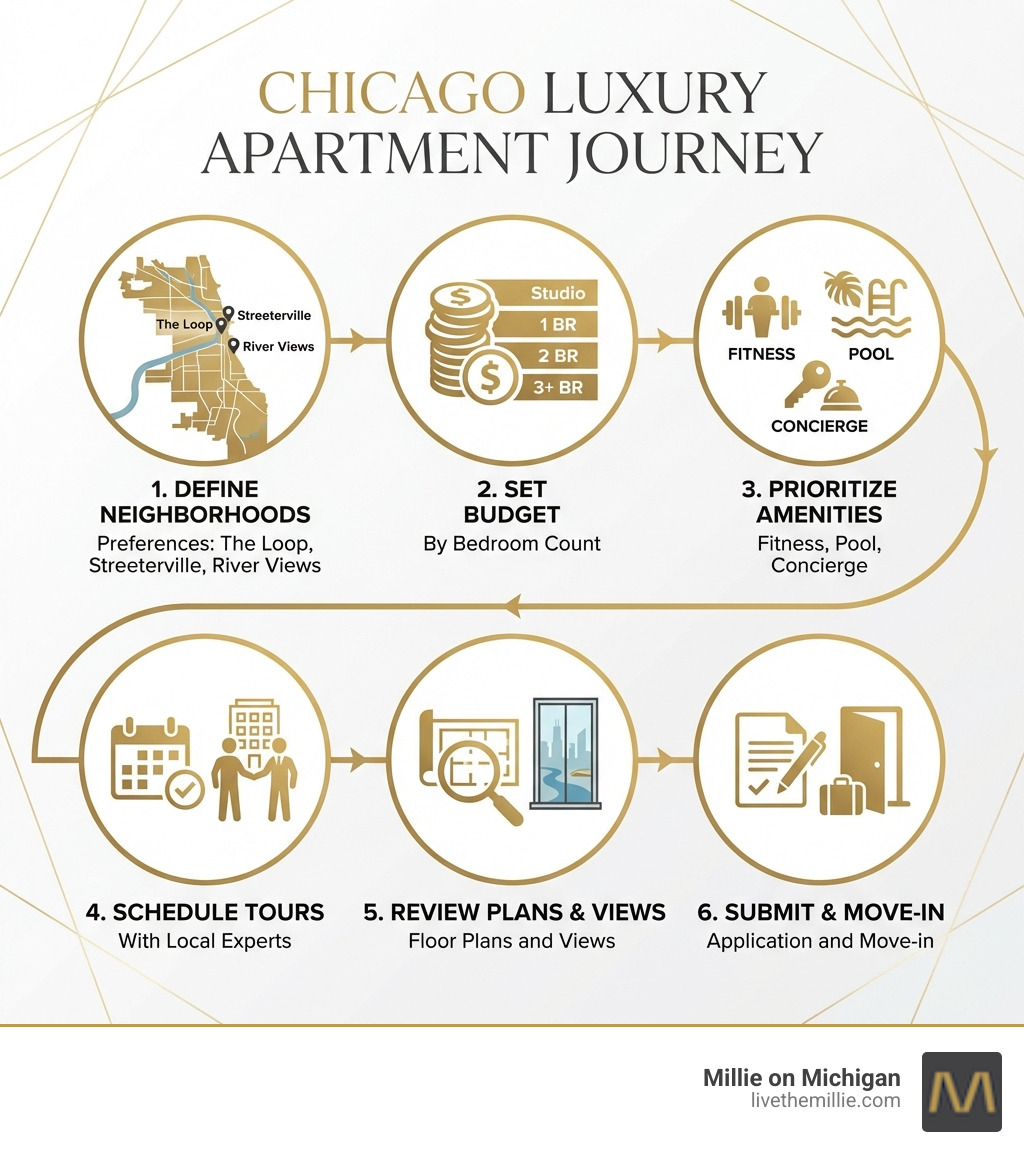Infographic showing the journey of finding luxury apartments in Chicago: 1. Define your neighborhood preferences (The Loop, Streeterville, River views), 2. Set your budget by bedroom count, 3. Prioritize amenities (fitness, pool, concierge), 4. Schedule tours with local experts, 5. Review floor plans and views, 6. Submit application and move-in - Chicago luxury apartment rentals infographic Infographic showing the journey of finding luxury apartments in Chicago: 1. Define your neighborhood preferences (The Loop, Streeterville, River views), 2. Set your budget by bedroom count, 3. Prioritize amenities (fitness, pool, concierge), 4. Schedule tours with local experts, 5. Review floor plans and views, 6. Submit application and move-in - Chicago luxury apartment rentals infographic