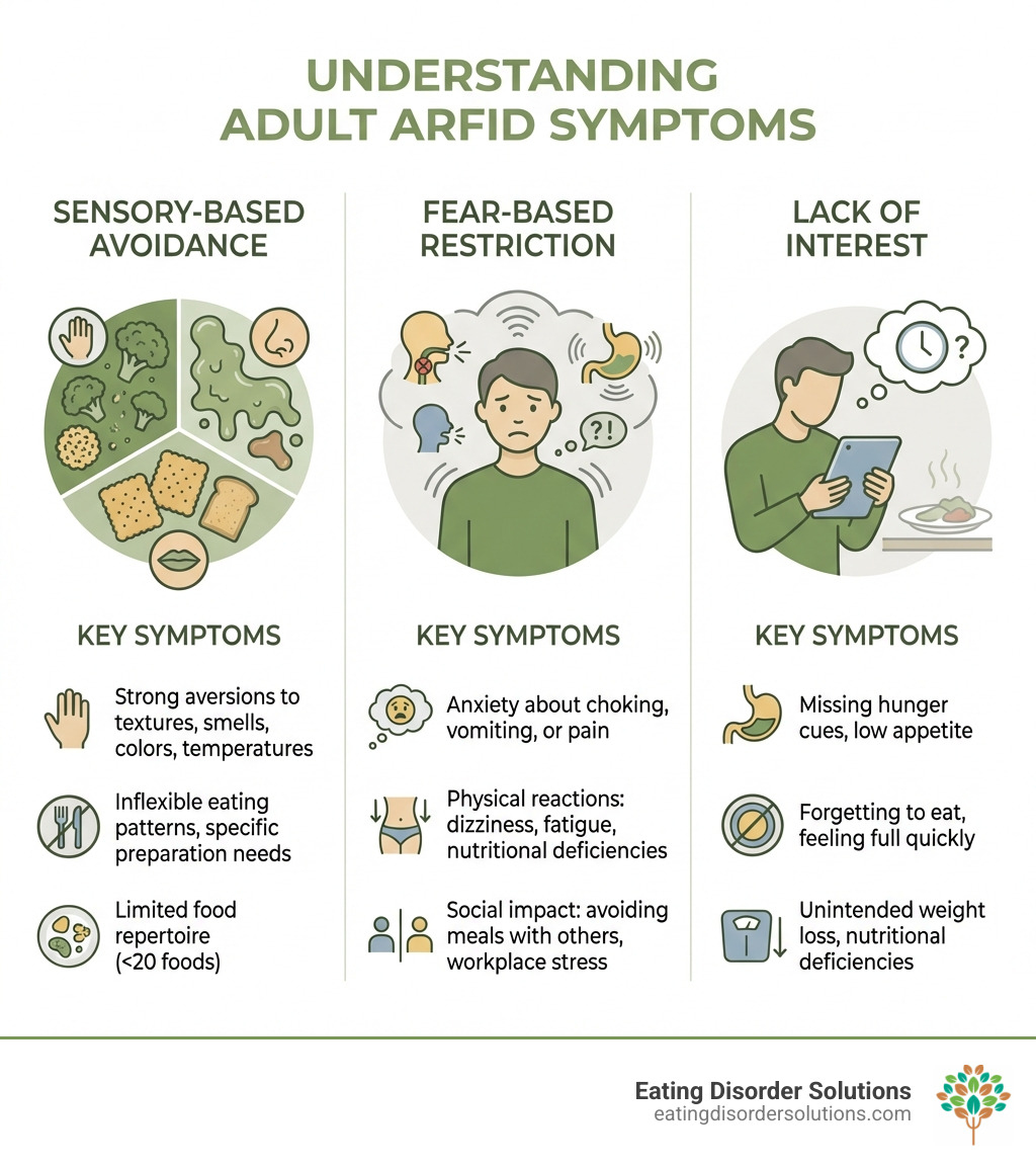 infographic showing three types of ARFID: sensory-based avoidance with images of different food textures, fear-based restriction showing a person anxious about choking or nausea, and lack of interest depicting someone forgetting to eat or feeling no appetite, with key symptoms listed under each category - adult arfid symptoms infographic 