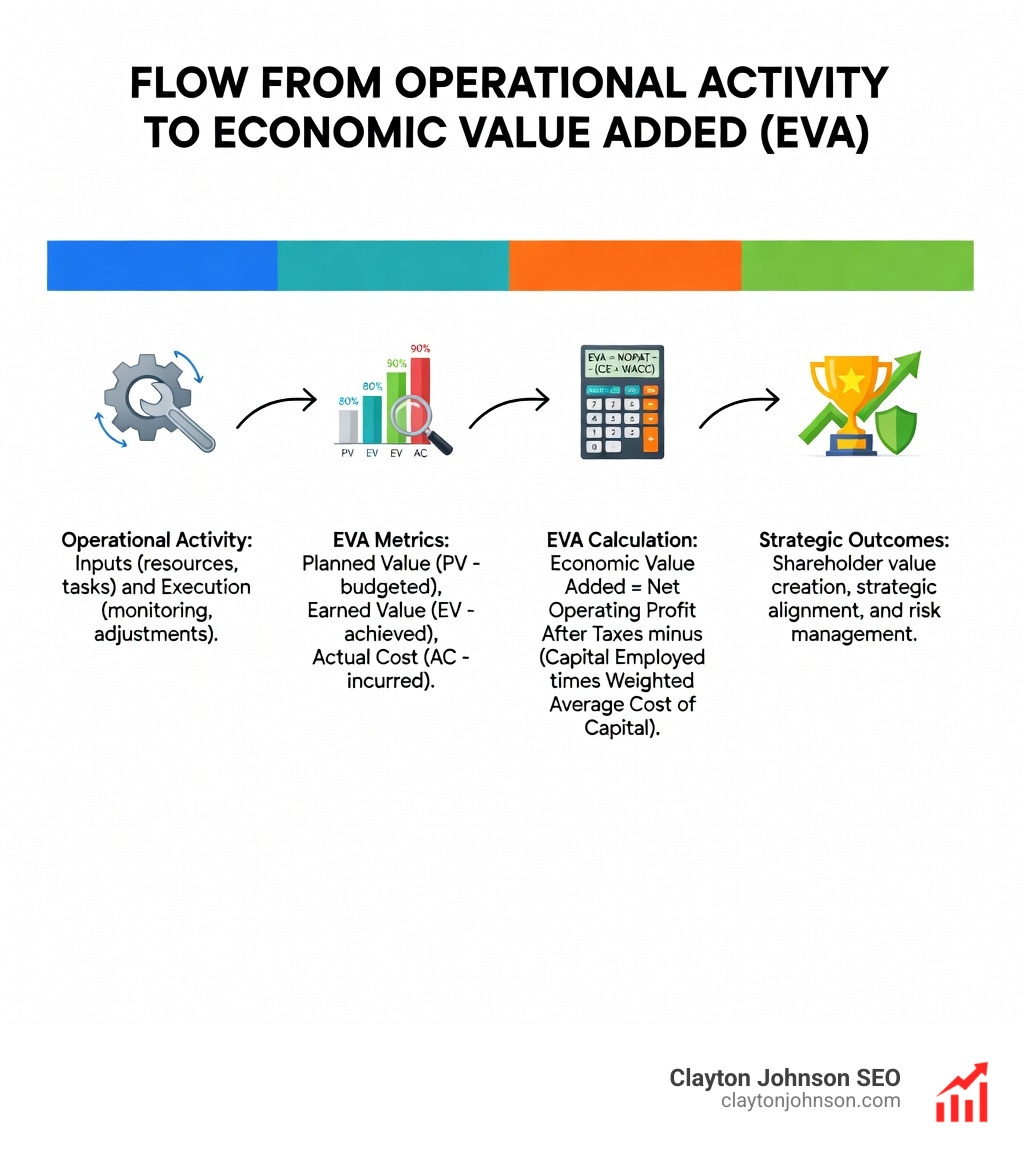 Flow from operational activity to Economic Value Added - EVA scorecard design guide infographic 