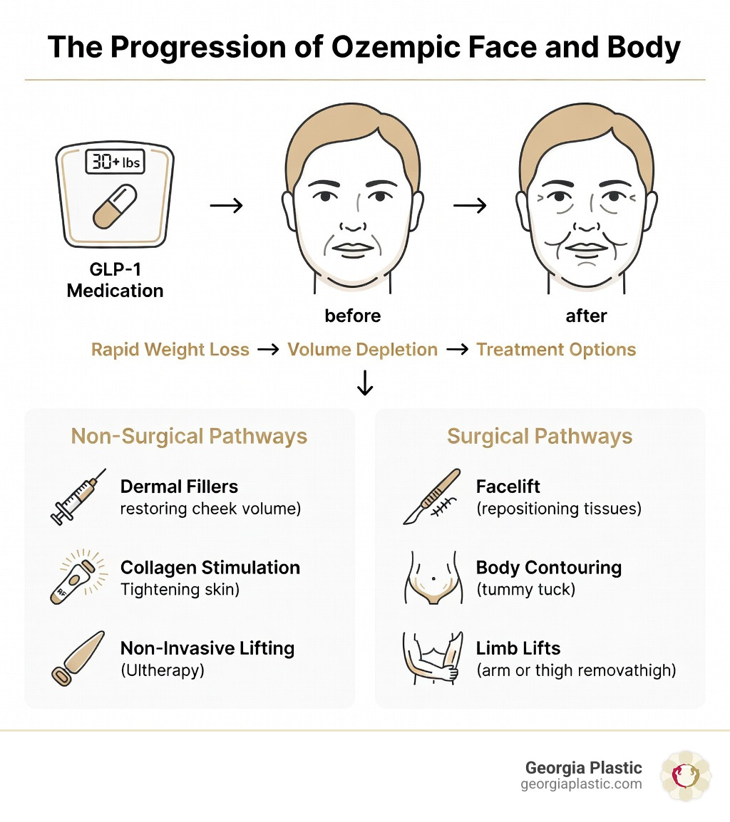 Infographic showing the progression of Ozempic Face and Body: starting with rapid weight loss from GLP-1 medications, leading to facial fat loss and volume depletion, resulting in sunken cheeks and loose skin, with treatment pathways divided into non-surgical options like fillers and RF microneedling versus surgical solutions like facelifts and body contouring - Atlanta Ozempic skin tightening infographic Infographic showing the progression of Ozempic Face and Body: starting with rapid weight loss from GLP-1 medications, leading to facial fat loss and volume depletion, resulting in sunken cheeks and loose skin, with treatment pathways divided into non-surgical options like fillers and RF microneedling versus surgical solutions like facelifts and body contouring - Atlanta Ozempic skin tightening infographic