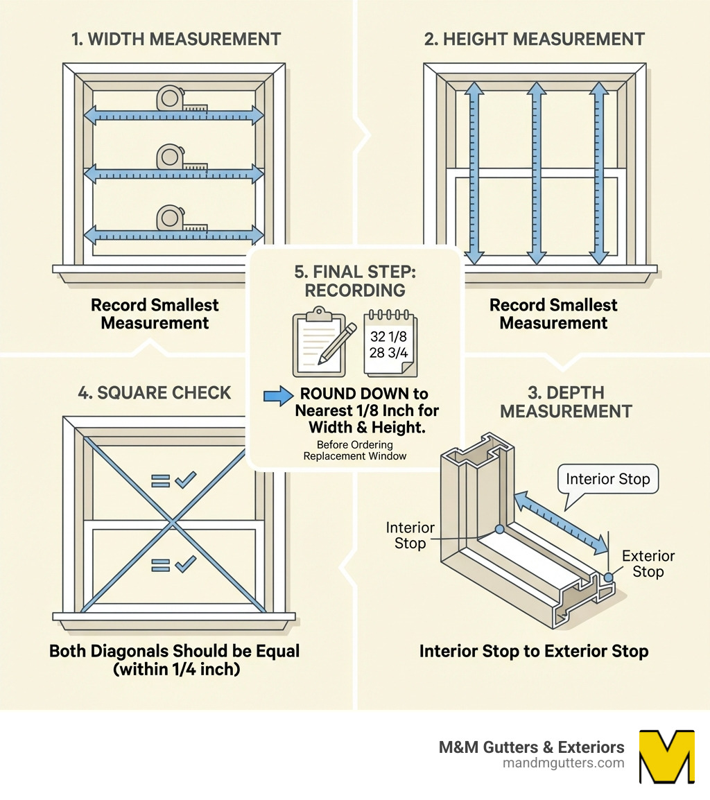 Infographic showing the complete window measurement process: width measurement at three horizontal points between jambs, height measurement at three vertical points from sill to head, depth measurement from interior to exterior stop, diagonal measurements to check for square, and final step of recording the smallest measurements rounded down to nearest 1/8 inch - how do you measure a replacement window infographic 