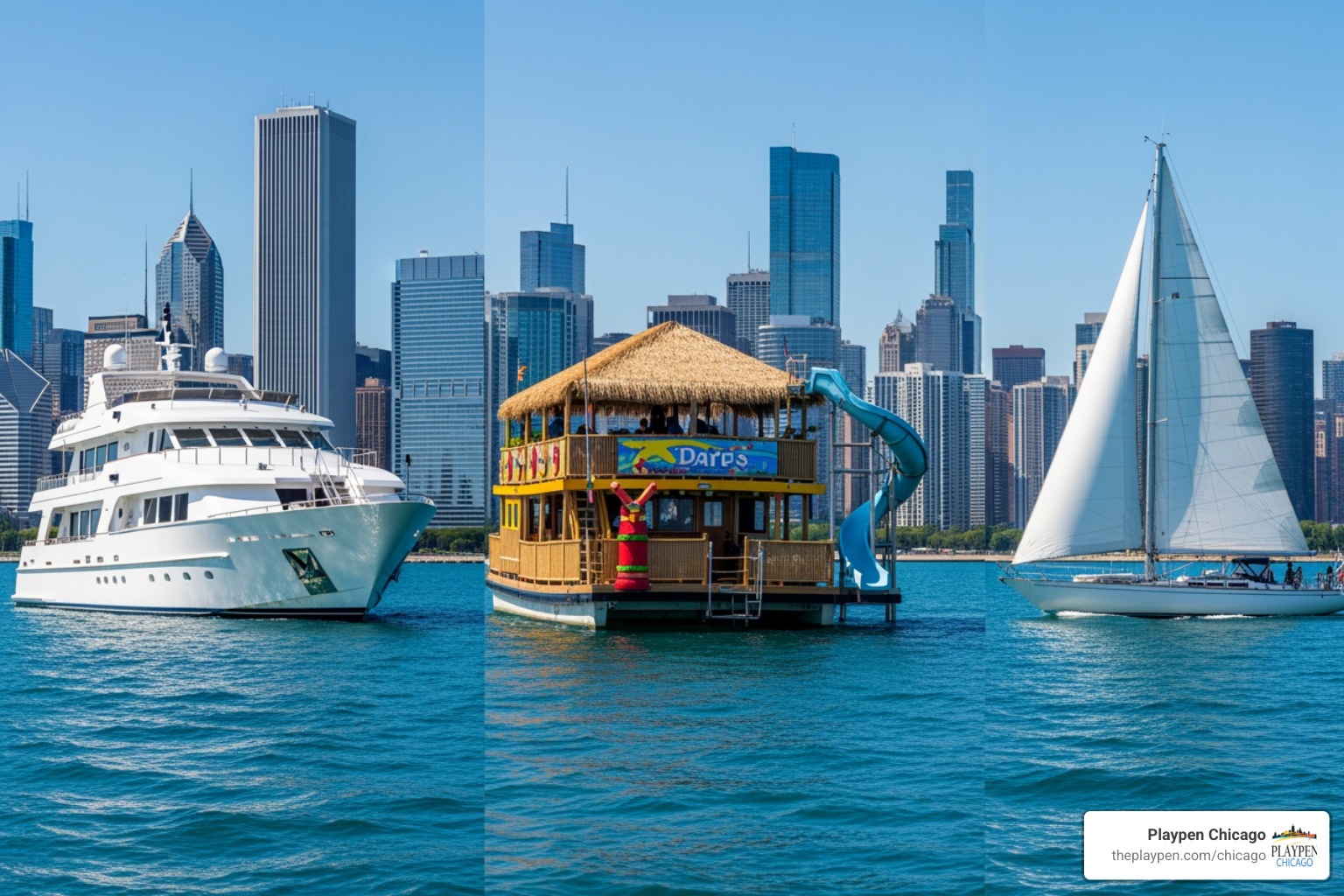 A collage of different boat styles available in Chicago: a sleek white luxury yacht, a colorful tiki boat with a slide, and a classic sailboat - how to plan a bachelorette party boat in chicago