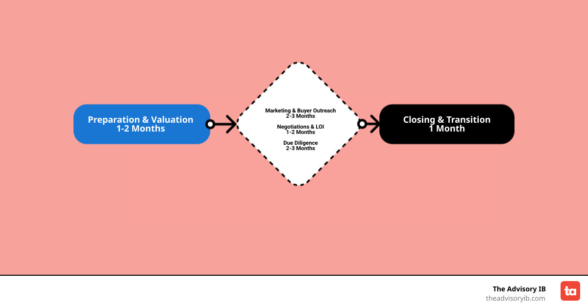Infographic showing the business sale lifecycle: 1) Preparation & Valuation (1-2 months), 2) Marketing & Buyer Outreach (2-3 months), 3) Negotiations & LOI (1-2 months), 4) Due Diligence (2-3 months), 5) Closing & Transition (1 month). Total timeline: 7-12 months on average. - sell business with broker infographic flowmap_simple