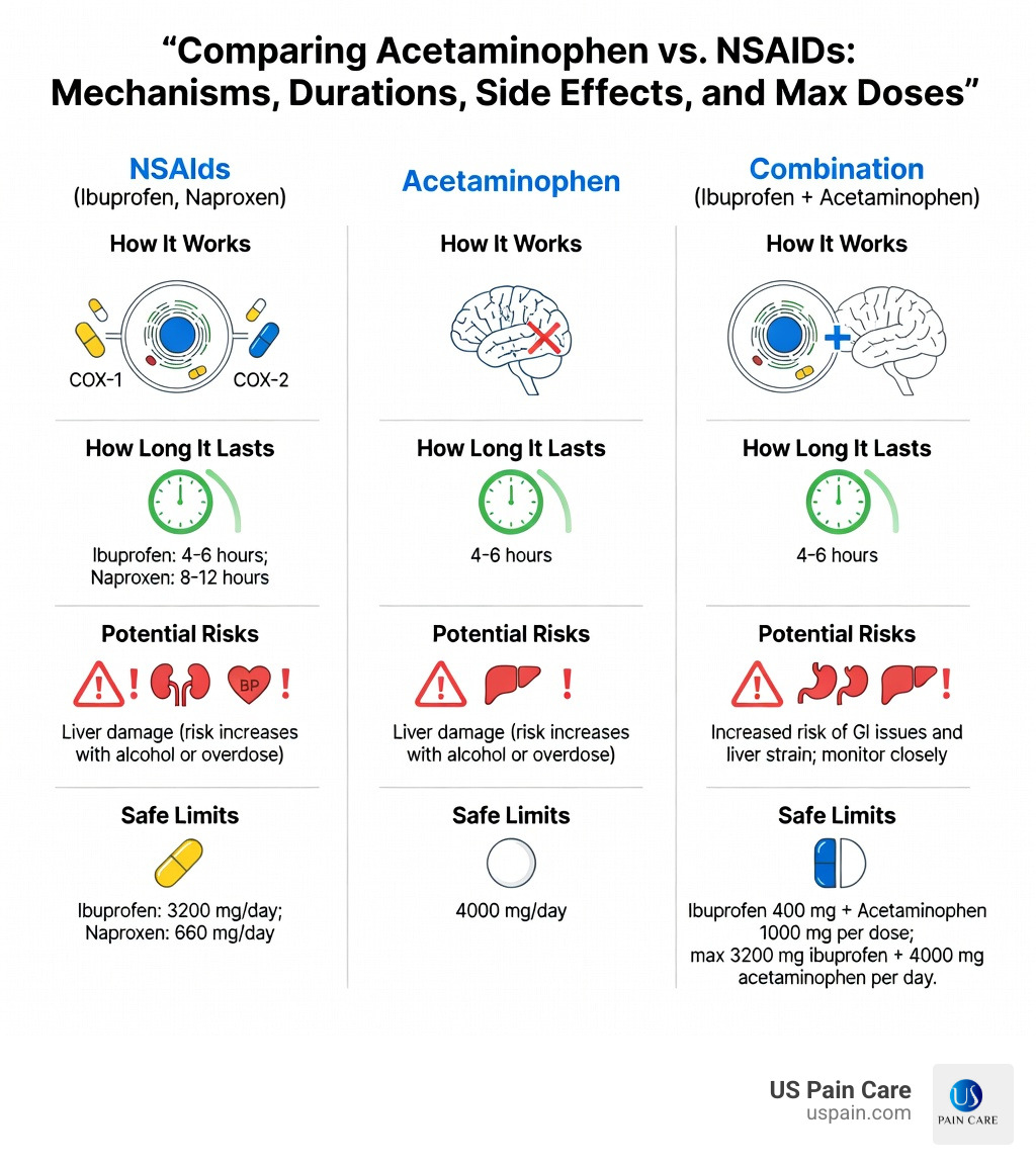 Infographic comparing acetaminophen and NSAIDs showing mechanism of action, duration of relief, side effect profiles, and daily maximum doses for ibuprofen, naproxen, and acetaminophen - strongest OTC pain reliever infographic 