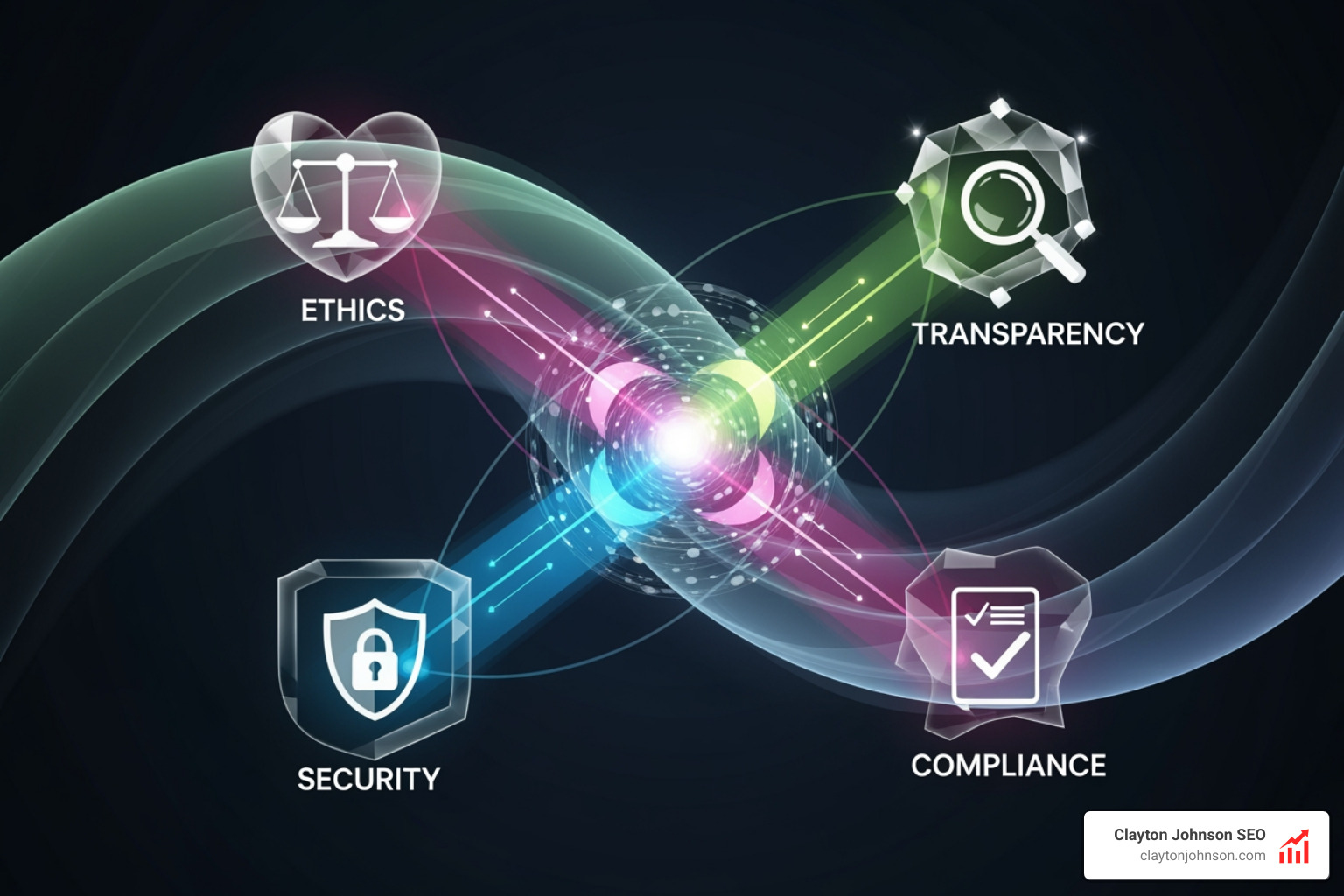 AI governance framework showing the intersection of ethics, transparency, security, and compliance - Enterprise AI Strategy