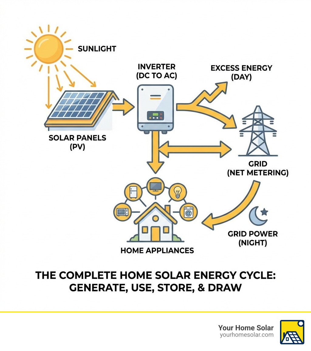 Infographic showing the complete solar energy cycle from sunlight hitting panels, through the inverter converting DC to AC power, powering home appliances, with excess energy flowing to the grid via net metering, and drawing grid power at night when panels aren't producing - home solar energy panels infographic Infographic showing the complete solar energy cycle from sunlight hitting panels, through the inverter converting DC to AC power, powering home appliances, with excess energy flowing to the grid via net metering, and drawing grid power at night when panels aren't producing - home solar energy panels infographic