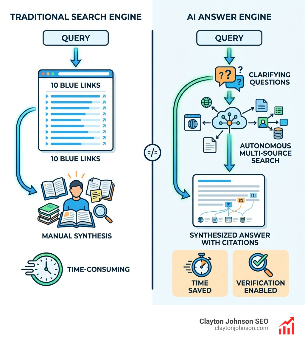 Infographic comparing AI answer engines vs traditional search engines: Traditional search shows query leading to 10 blue links requiring manual synthesis; AI answer engine shows query leading to clarifying questions, then autonomous multi-source search, then synthesized answer with citations, highlighting time saved and verification enabled - Perplexity AI interactive tools infographic 