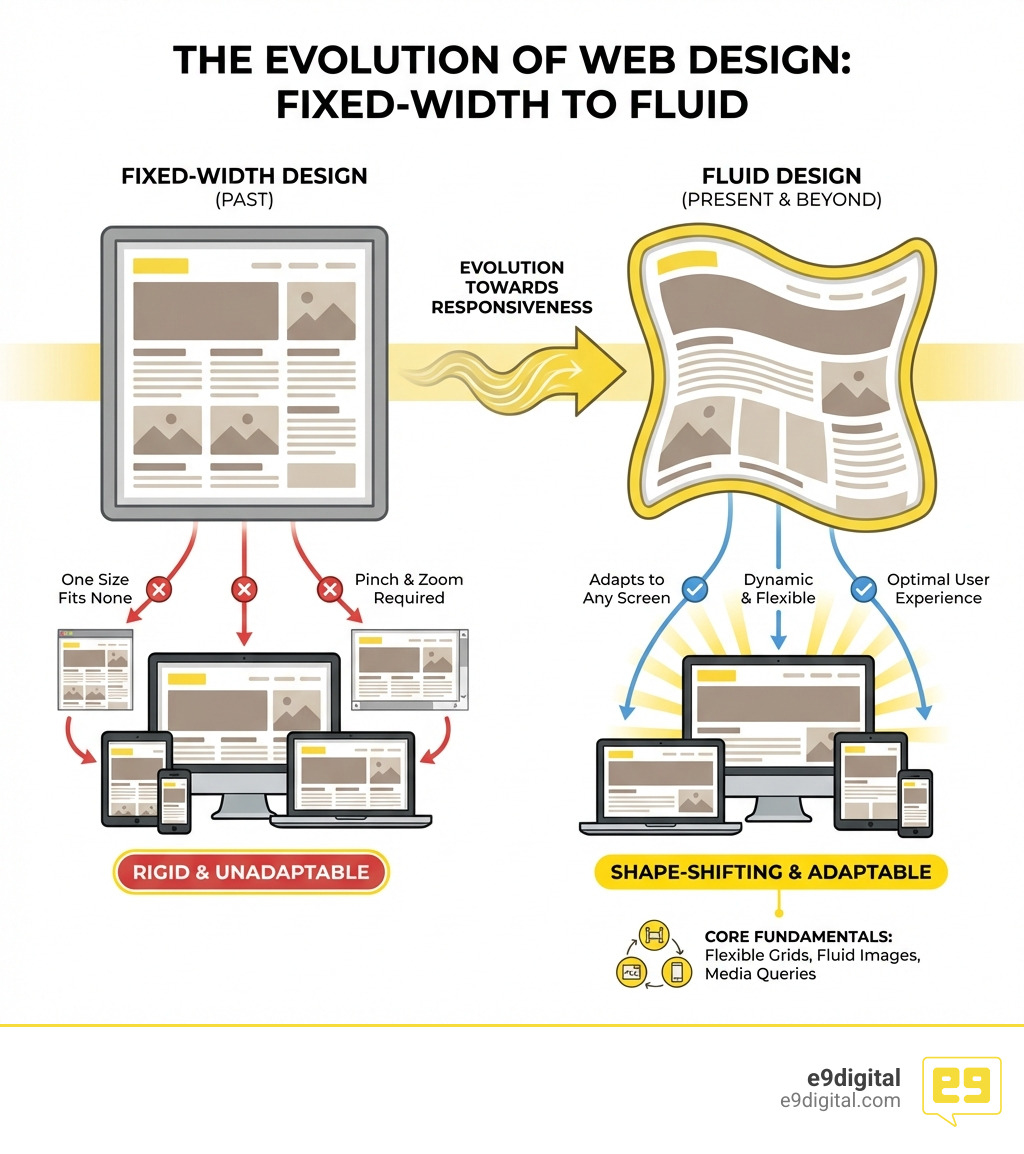 Infographic explaining the evolution of web design from fixed-width to fluid - Mobile responsive web design infographic 