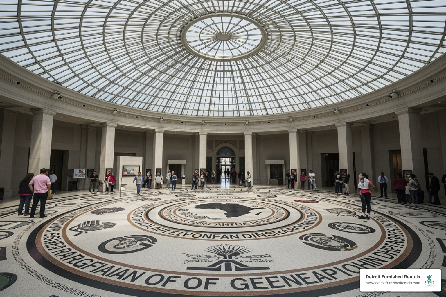 The breathtaking Ford Freedom Rotunda featuring the 100-foot glass dome and the Ring of Genealogy floor mural - black museum in detroit