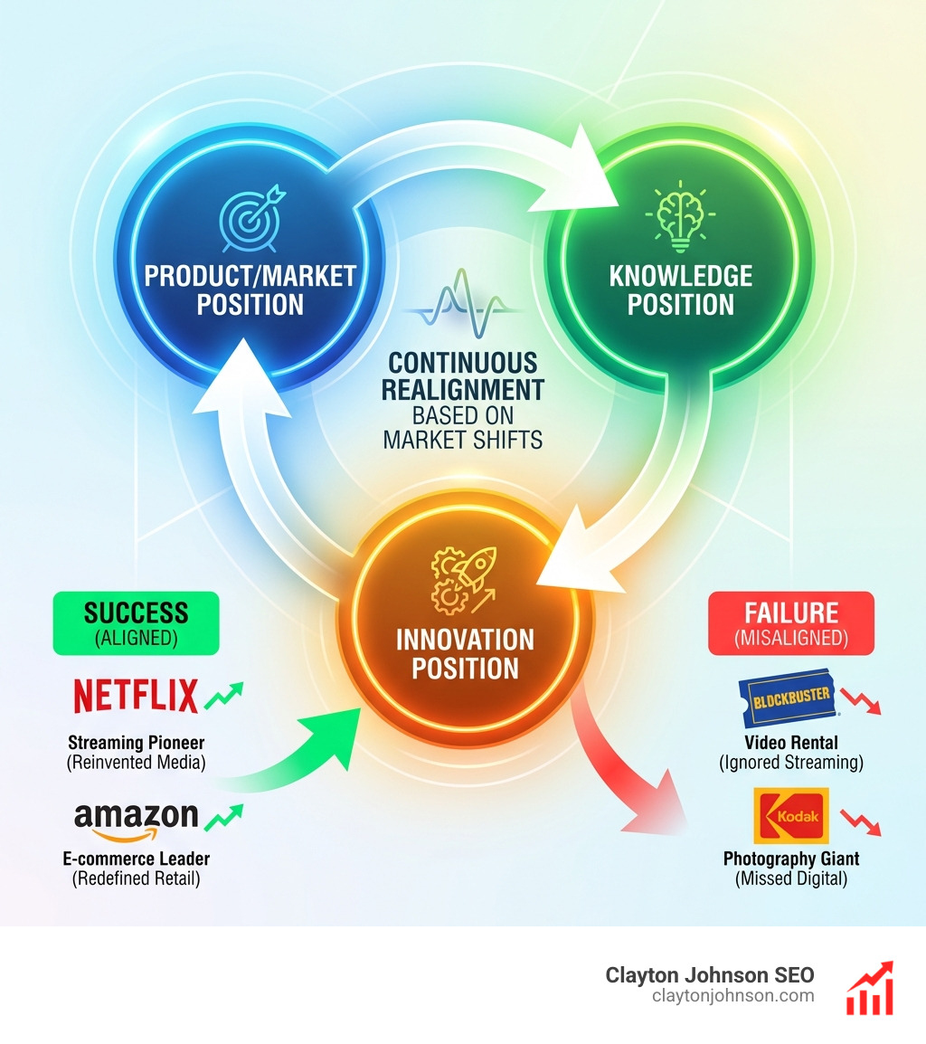 Infographic showing three interlocking circles labeled Product/Market Position, Knowledge Position, and Innovation Position, with arrows indicating continuous realignment based on market shifts, and examples of companies that succeeded (Netflix, Amazon) versus those that failed (Blockbuster, Kodak) due to misalignment - Strategic Innovation & Positioning infographic 