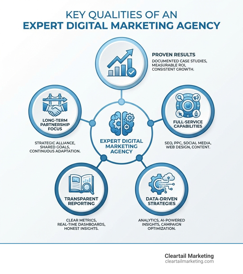 Key qualities of an expert digital marketing agency including proven results, full-service capabilities, data-driven strategies, transparent reporting, and long-term partnership focus - expert digital marketing agency infographic 