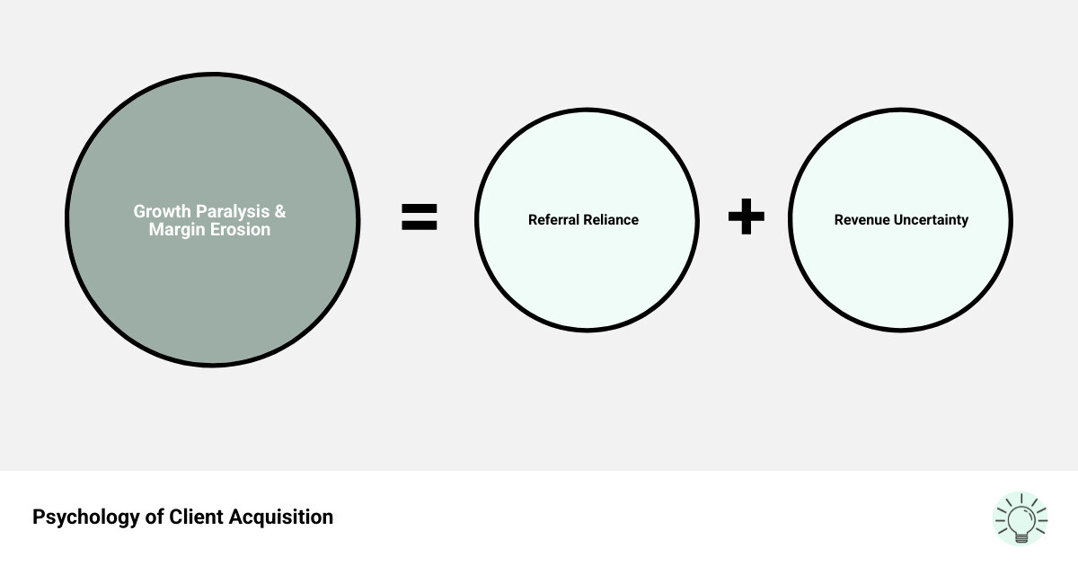 infographic showing the psychology of client acquisition: referral reliance leads to revenue uncertainty, which creates decision-making paralysis, poor client fit, and margin erosion; a structured funnel restores certainty by making lead generation predictable and scalable - get clients now funnel client acquisition lead gen infographic sum_of_parts