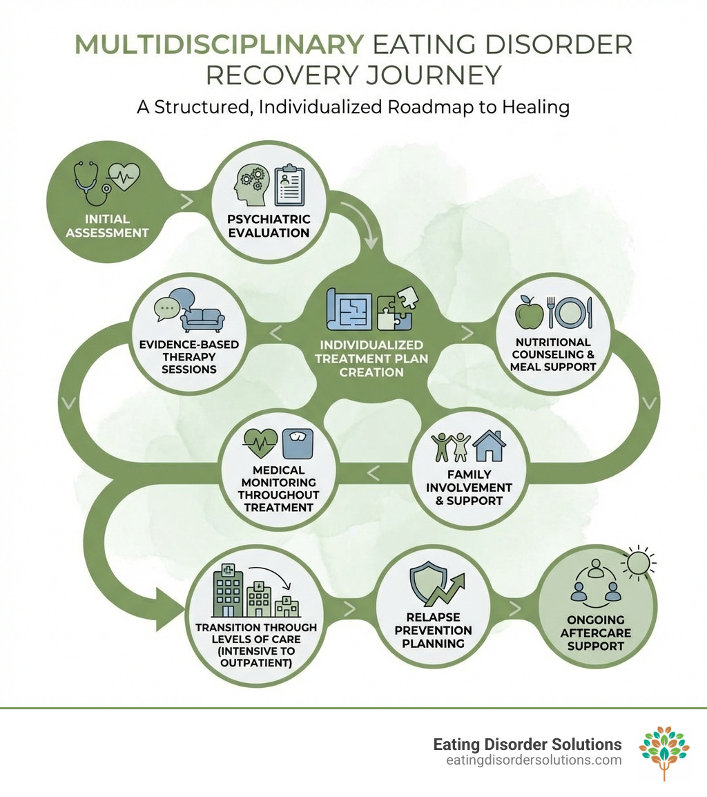Infographic showing the multidisciplinary eating disorder recovery journey, including initial assessment by medical team, psychiatric evaluation, individualized treatment plan creation, evidence-based therapy sessions, nutritional counseling and meal support, medical monitoring throughout treatment, family involvement and support, transition through levels of care from intensive to outpatient, relapse prevention planning, and ongoing aftercare support - eating disorder treatment plans infographic Infographic showing the multidisciplinary eating disorder recovery journey, including initial assessment by medical team, psychiatric evaluation, individualized treatment plan creation, evidence-based therapy sessions, nutritional counseling and meal support, medical monitoring throughout treatment, family involvement and support, transition through levels of care from intensive to outpatient, relapse prevention planning, and ongoing aftercare support - eating disorder treatment plans infographic