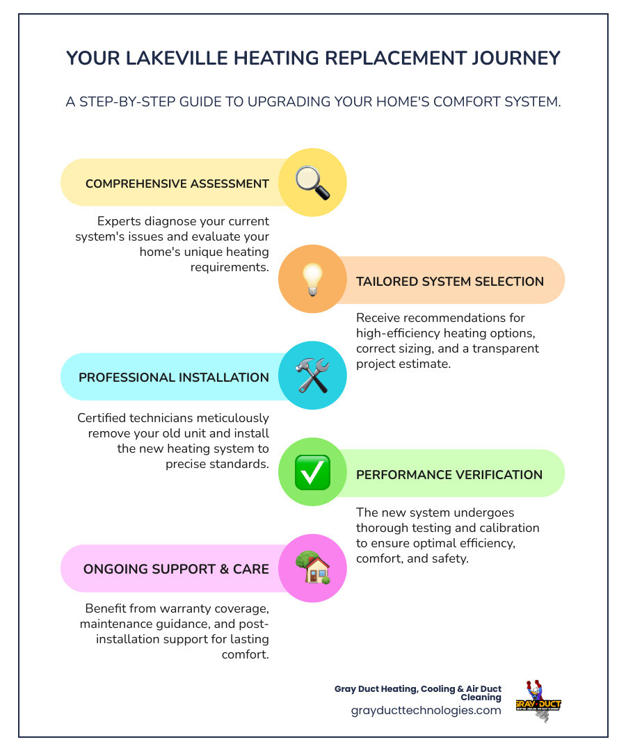 infographic showing heating replacement process from assessment through installation and maintenance - heating replacement companies in lakeville, mn infographic infographic-line-5-steps-colors
