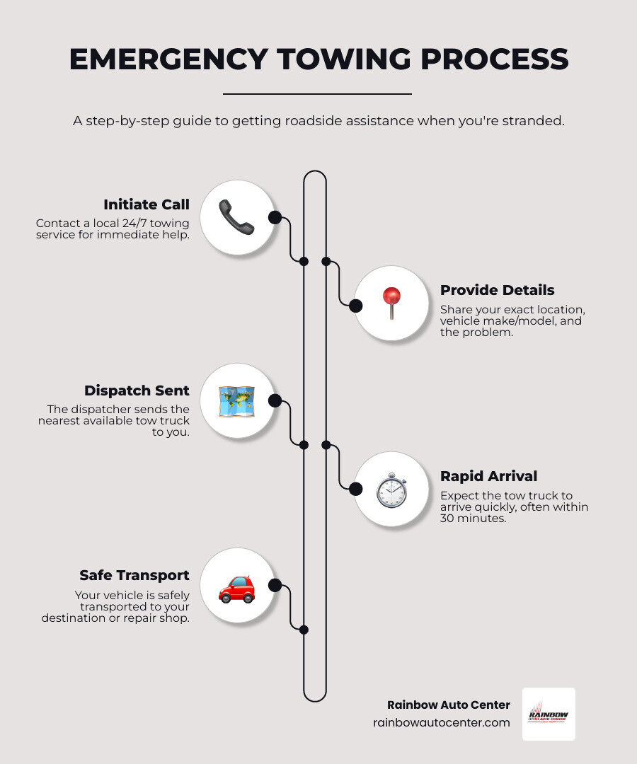 Infographic showing the step-by-step process of requesting emergency towing: 1. Call 24/7 towing service, 2. Provide location and vehicle details, 3. Dispatcher sends nearest tow truck, 4. Tow truck arrives in 30 minutes or less, 5. Vehicle safely transported to your destination or repair shop - 24 hrs towing infographic infographic-line-5-steps-elegant_beige