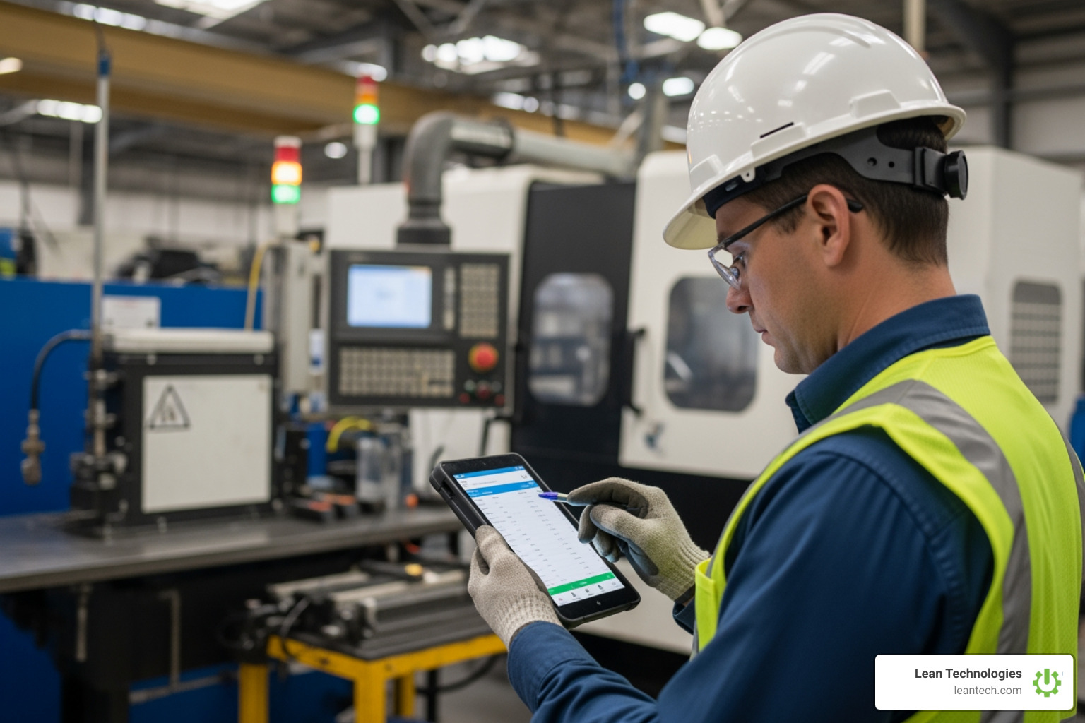 operator using a mobile tablet to log production data on the shop floor - operational excellence manufacturing