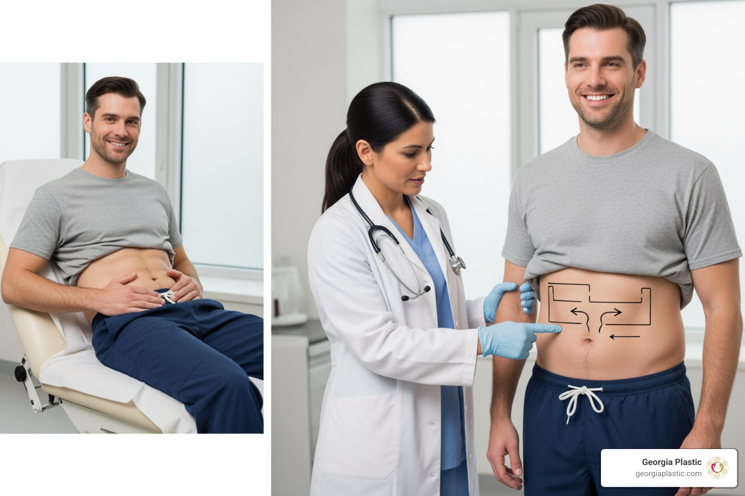 A surgeon consulting with a male patient, pointing to a digital screen showing body contouring goals and abdominal anatomy - liposuction for men belly fat