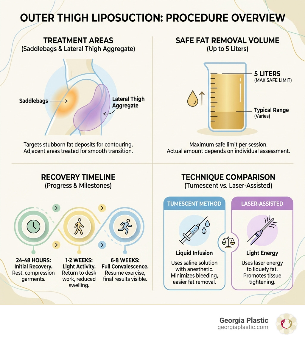 Infographic showing outer thigh liposuction procedure details: treatment areas including saddlebags and lateral thigh aggregate, typical fat removal amounts (up to 5 liters safely), recovery timeline from initial 24-48 hours through 6-8 week full convalescence, and comparison of techniques including tumescent and laser-assisted methods - outer thigh liposuction infographic Infographic showing outer thigh liposuction procedure details: treatment areas including saddlebags and lateral thigh aggregate, typical fat removal amounts (up to 5 liters safely), recovery timeline from initial 24-48 hours through 6-8 week full convalescence, and comparison of techniques including tumescent and laser-assisted methods - outer thigh liposuction infographic