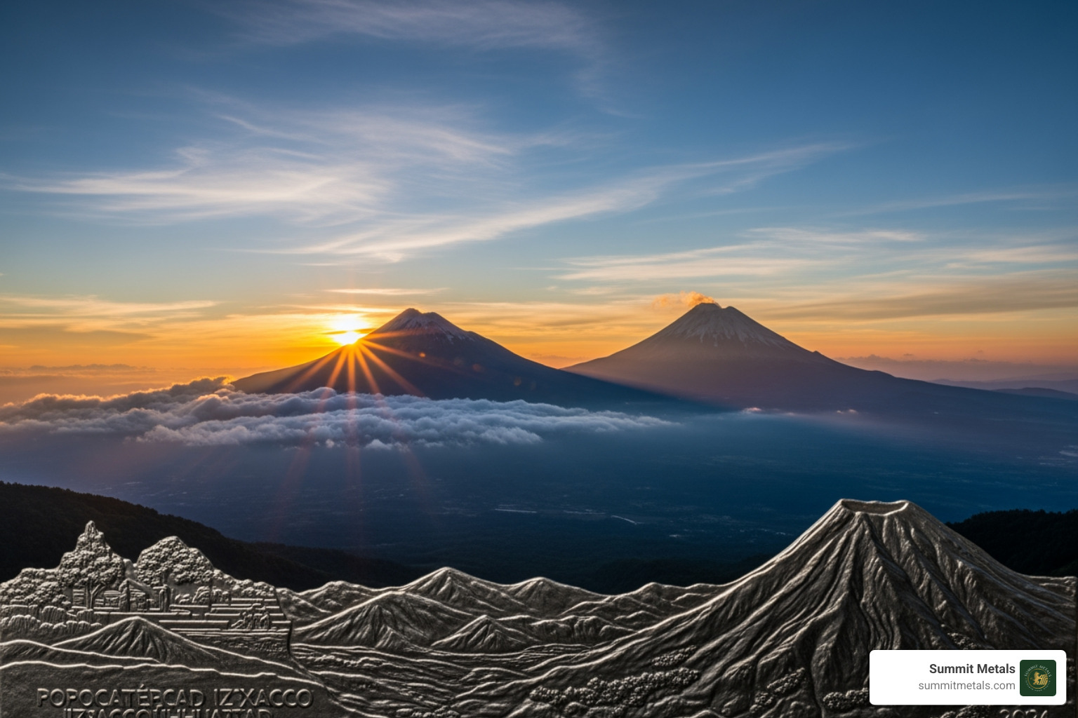 The Popocatépetl and Iztaccíhuatl volcanoes featured on the Libertad design - 2026 silver libertad