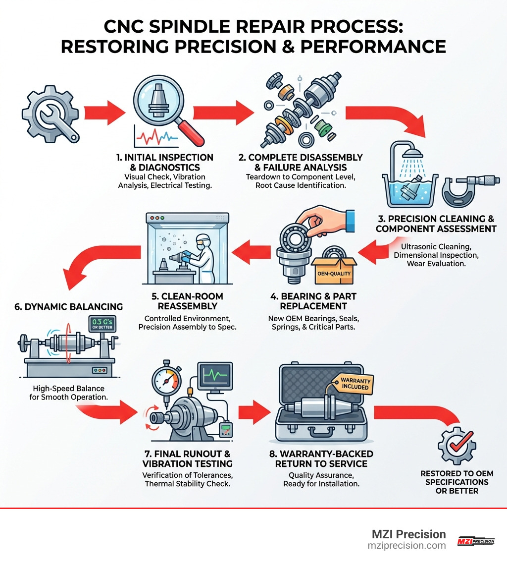 Infographic showing the industrial CNC spindle repair process: initial inspection and diagnostics, complete disassembly and failure analysis, precision cleaning and component assessment, bearing and part replacement with OEM-quality components, clean-room reassembly, dynamic balancing to 0.3 G's or better, final runout and vibration testing, and warranty-backed return to service - cnc spindle repair huntington beach infographic 