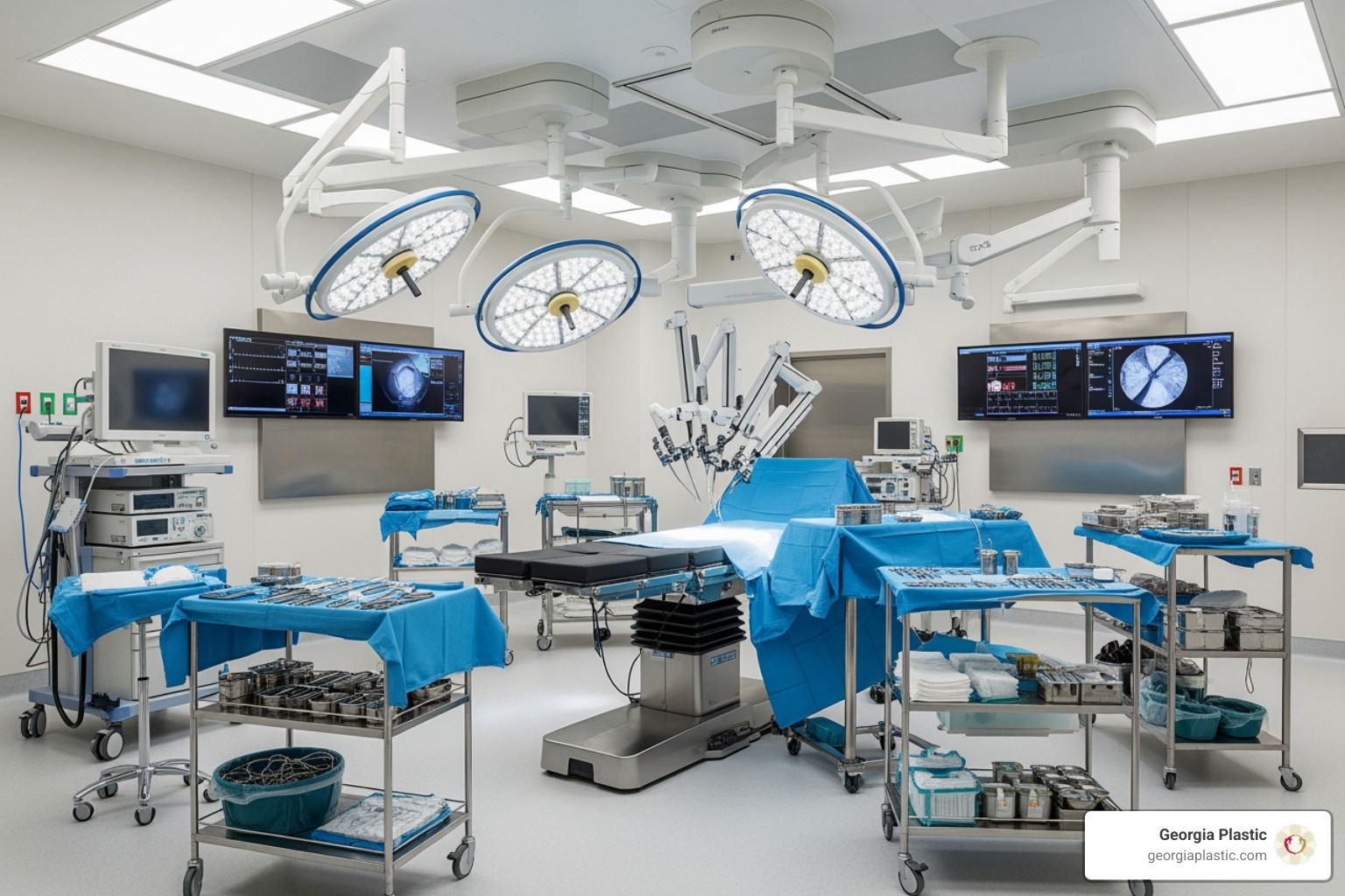 State-of-the-art surgical suite featuring modern monitoring equipment, adjustable lighting, and a sterile, professional environment designed for patient safety and comfort - Cost of mommy makeover