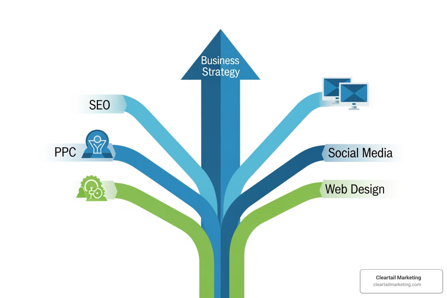 A diagram showing the integration of SEO, PPC, Social Media, and Web Design into a single growth strategy - expert digital marketing agency