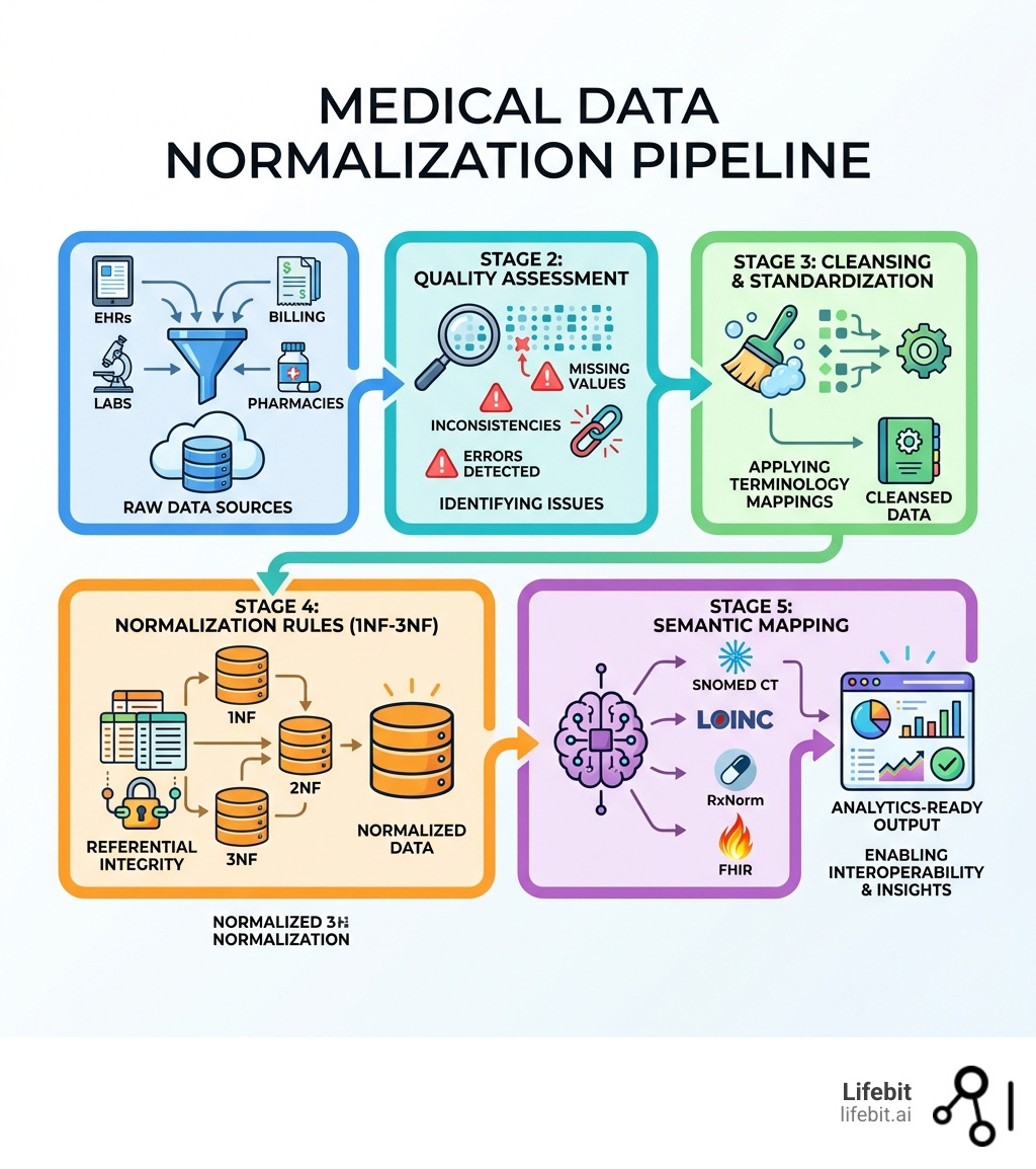 Medical data normalization pipeline showing five stages: 1) Data Collection from multiple sources (EHRs, labs, billing, pharmacies), 2) Quality Assessment identifying missing values and inconsistencies, 3) Cleansing and Standardization applying terminology mappings, 4) Normalization Rules (1NF to 3NF) with referential integrity, 5) Semantic Mapping to standards (SNOMED CT, LOINC, RxNorm, FHIR) producing analytics-ready output - Medical data normalization infographic 