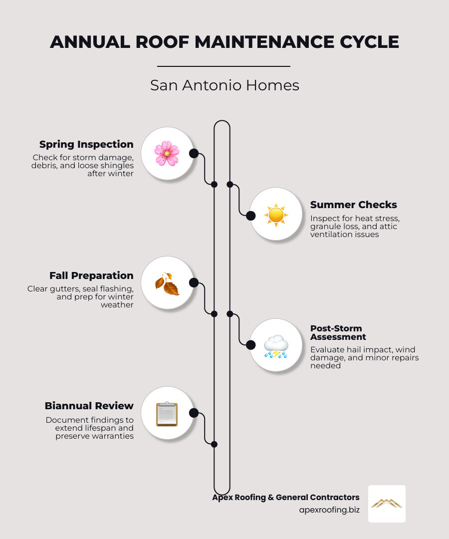 Infographic showing the annual roof maintenance cycle for San Antonio homes: spring inspection for storm damage and debris, summer checks for heat stress and ventilation, fall preparation before winter weather, and post-storm assessments after hail or high winds - roof maintenance san antonio tx infographic infographic-line-5-steps-elegant_beige