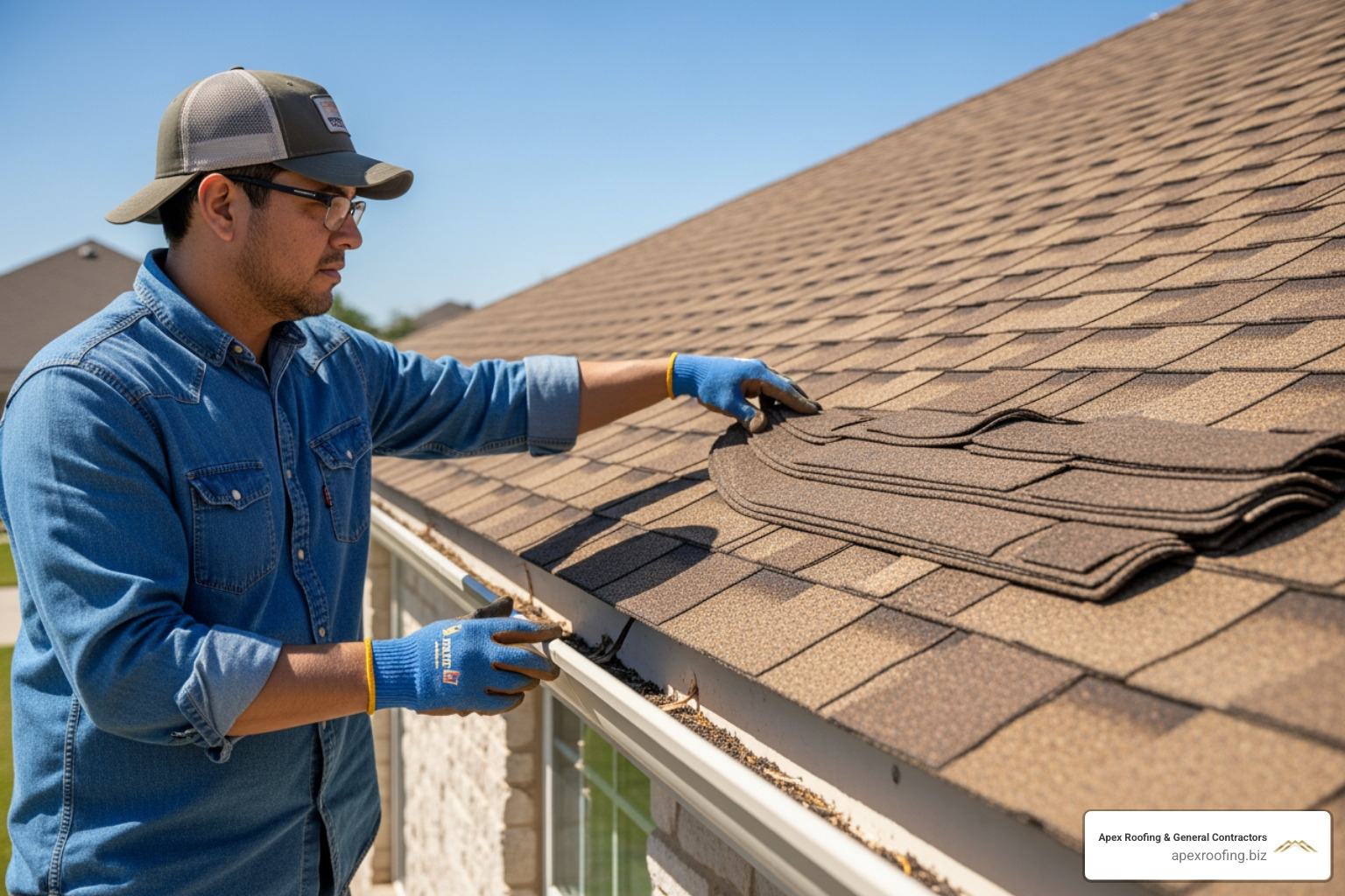 Homeowner inspecting curling shingles and clogged gutters - roof maintenance san antonio tx