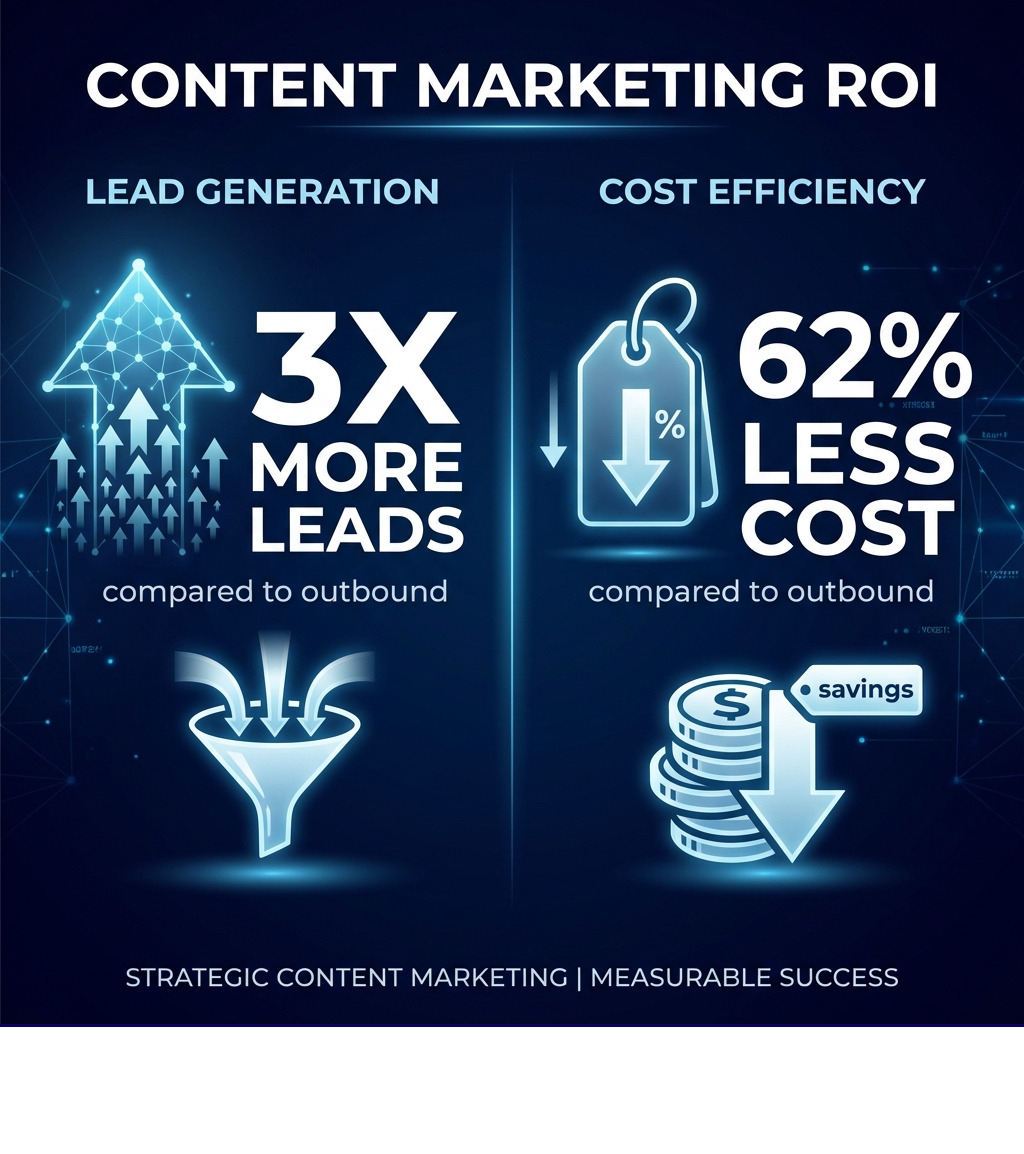 infographic showing content marketing ROI stats: 3x more leads than outbound, 62% less cost - choose a content marketing agency infographic 