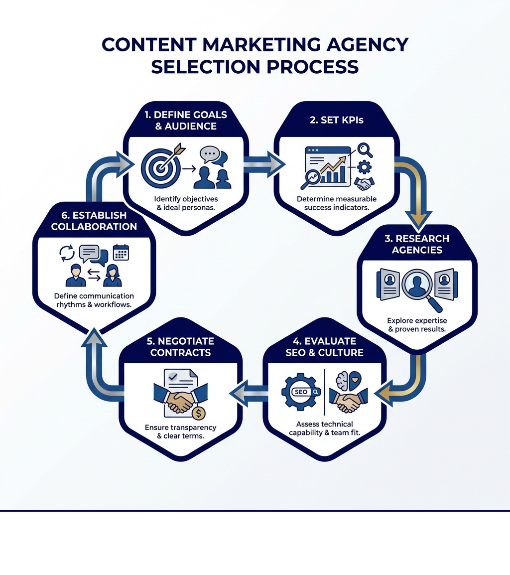 infographic showing the content marketing selection process: define goals and audience, set KPIs, research agencies by expertise and results, evaluate technical SEO and cultural fit, negotiate transparent contracts, establish collaboration rhythms - choose a content marketing agency infographic 