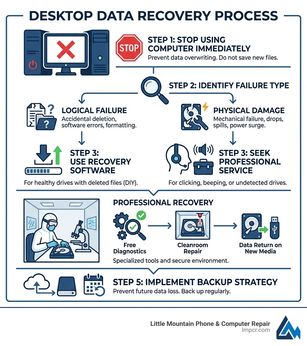 Infographic showing the desktop data recovery process: Step 1 - Stop using the computer immediately to prevent overwriting data. Step 2 - Identify the failure type (logical vs physical damage). Step 3 - For healthy drives with deleted files, use recovery software. For clicking, beeping, or undetected drives, seek professional service. Step 4 - Professional recovery includes free diagnostics, cleanroom repair if needed, and data return on new media. Step 5 - Implement backup strategy to prevent future loss. - desktop data recovery infographic 