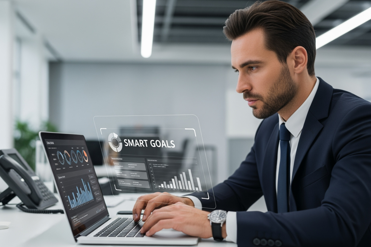 business professional setting SMART goals on a digital dashboard - choose a content marketing agency