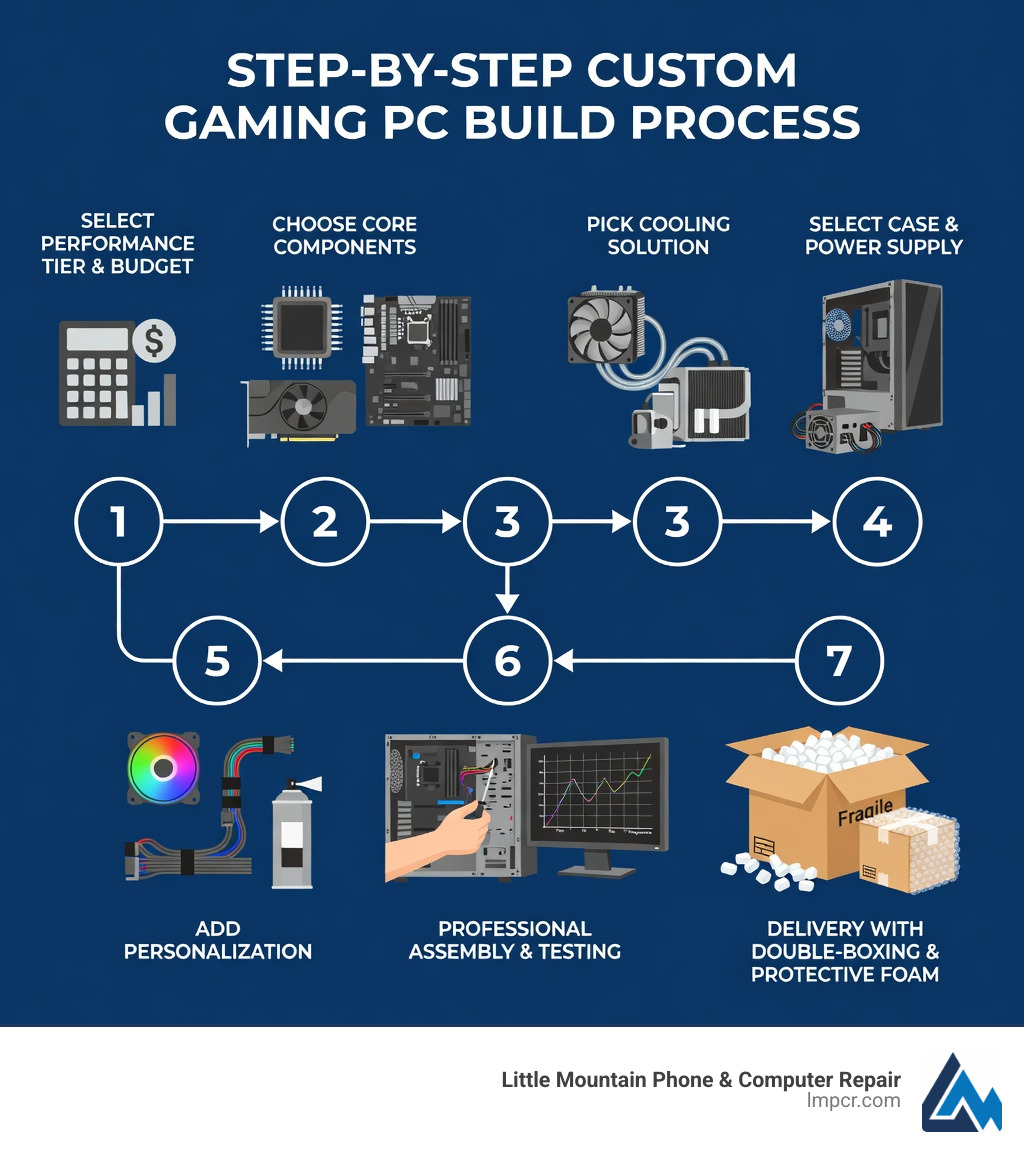 Step-by-step custom gaming PC build process: 1) Select your performance tier and budget, 2) Choose core components (CPU, GPU, motherboard, RAM, storage), 3) Pick cooling solution (air or liquid), 4) Select case and power supply, 5) Add personalization (RGB, cable management, custom paint), 6) Professional assembly and 24-72 hour stress testing, 7) Delivery with double-boxing and protective foam - Custom gaming PC infographic 
